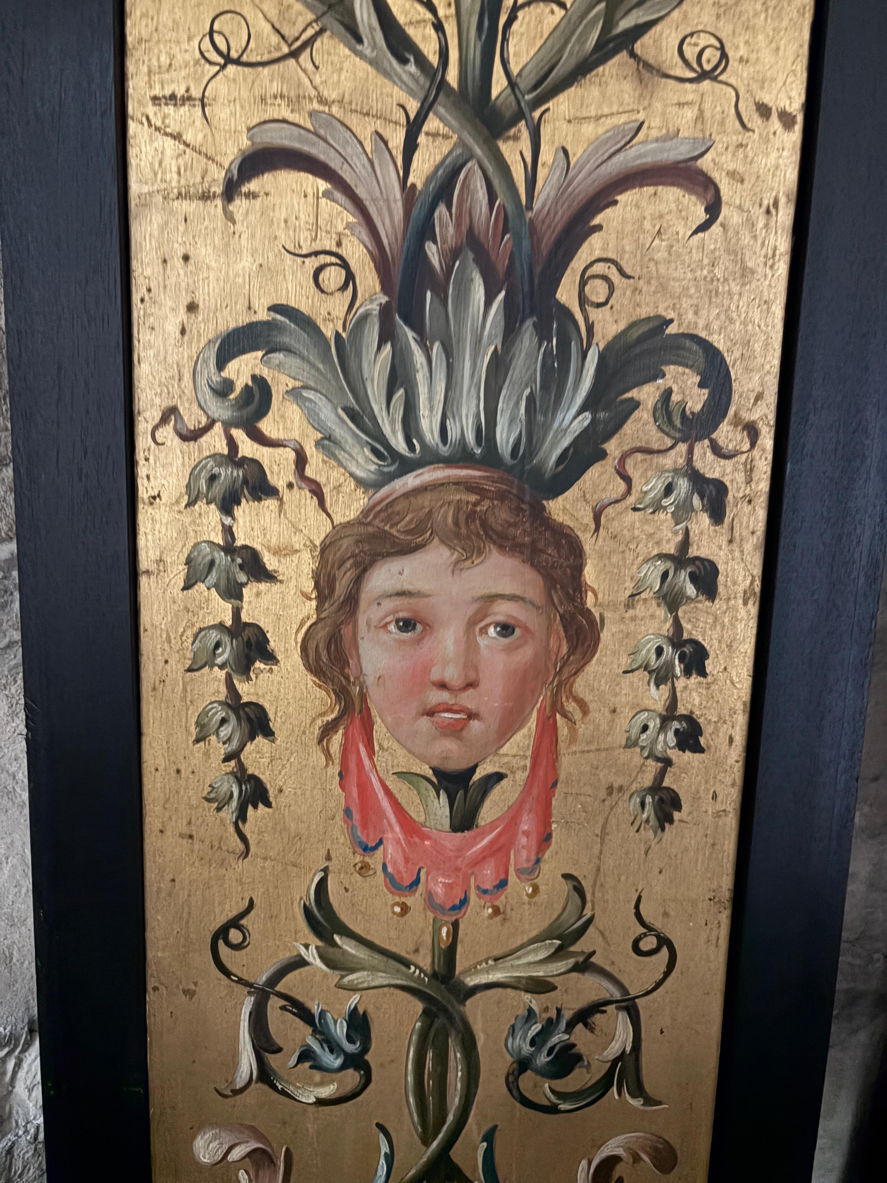 Boiserie-Element aus Holz, bemalt mit neoklassizistischen Motiven.
(gerahmte Tafel)
Anfang des 19. Jahrhunderts