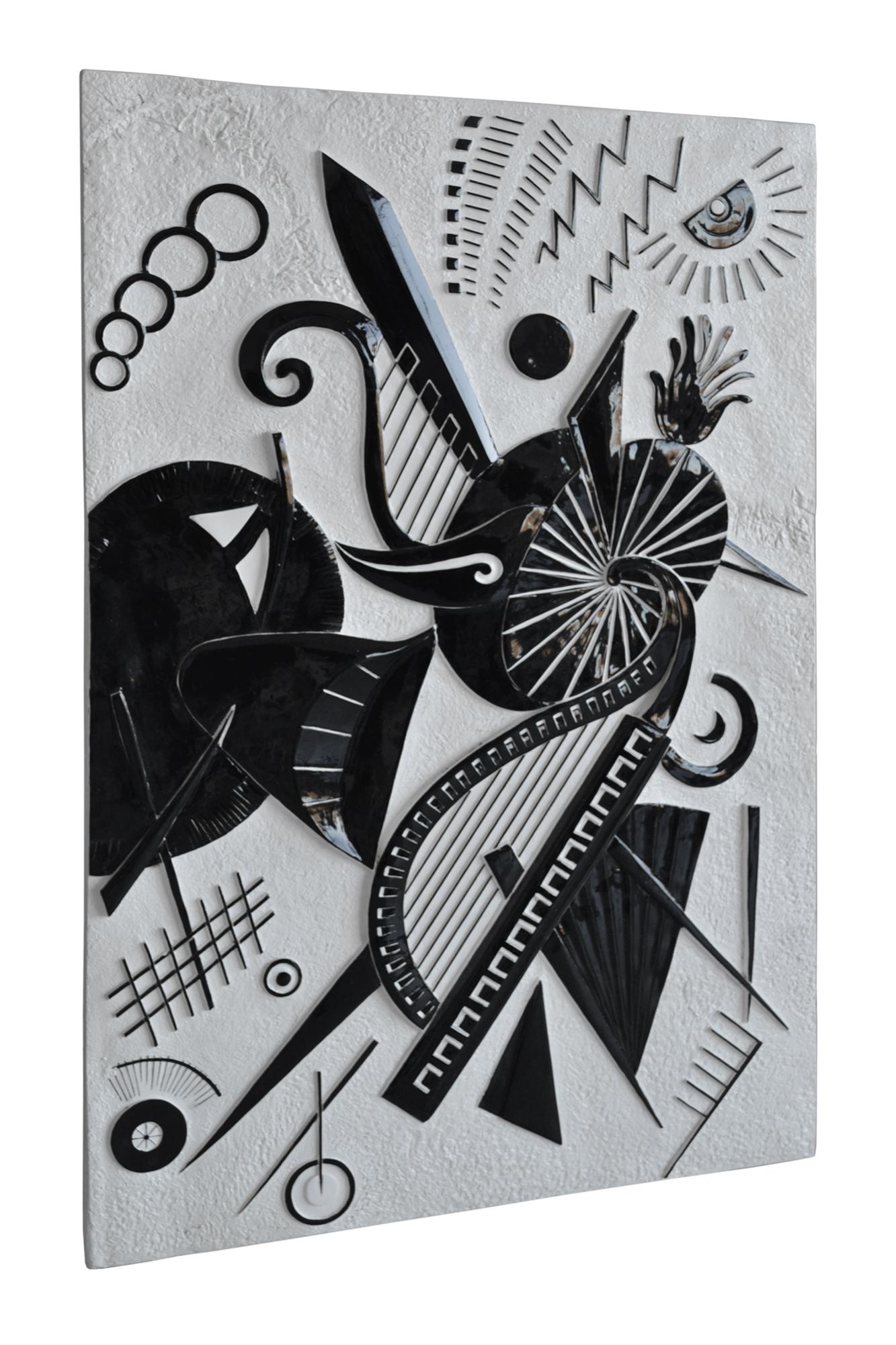  Black and white wall sculpture panel handmade in Italy by Cupioli.
 Subject: 