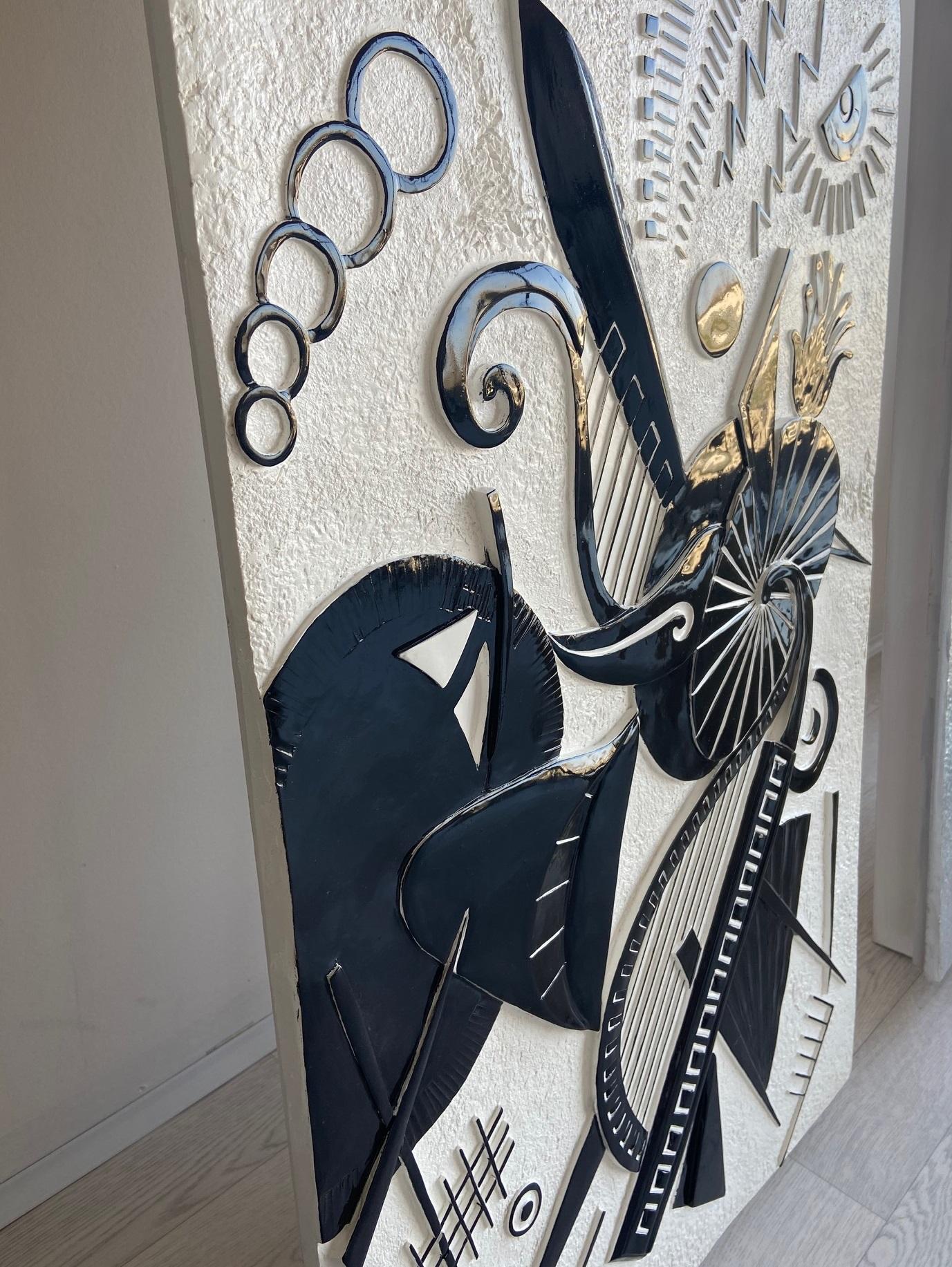 Hand-Crafted Black and White Bas-relief Wall Panel Handmade in Italy by Cupioli For Sale