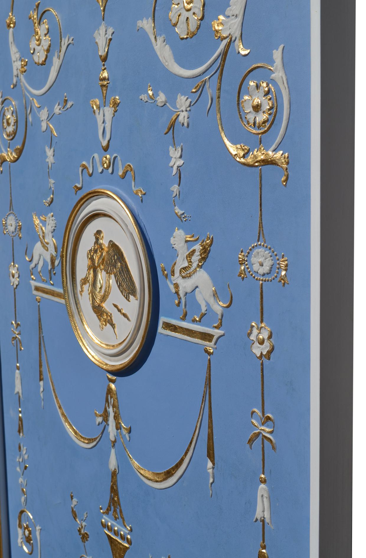 Stile Adam Pannello Decorativo Azzurro Bassorilievo Bianco Oro Stile Wedgwood Fatto a mano in vendita