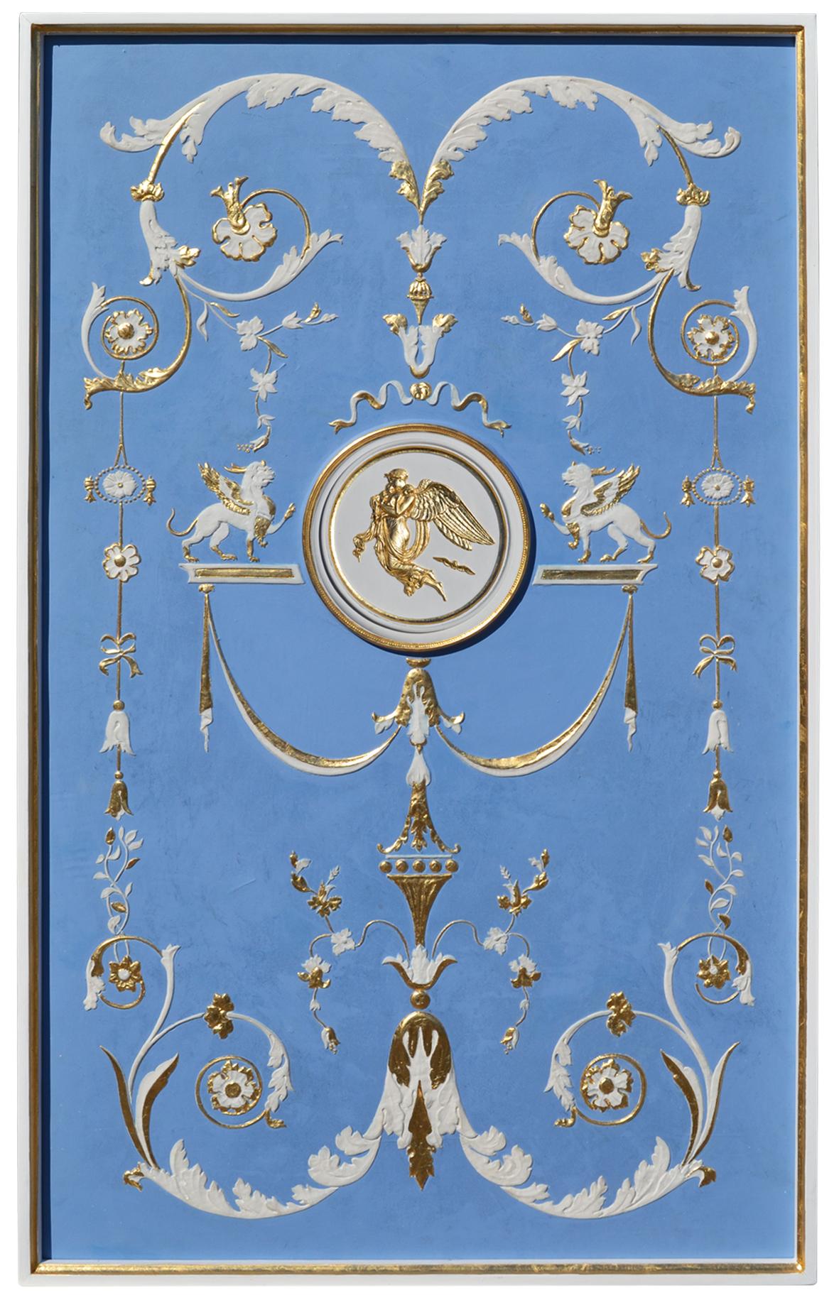Pannello Decorativo Azzurro Bassorilievo Bianco Oro Stile Wedgwood Fatto a mano in vendita 1