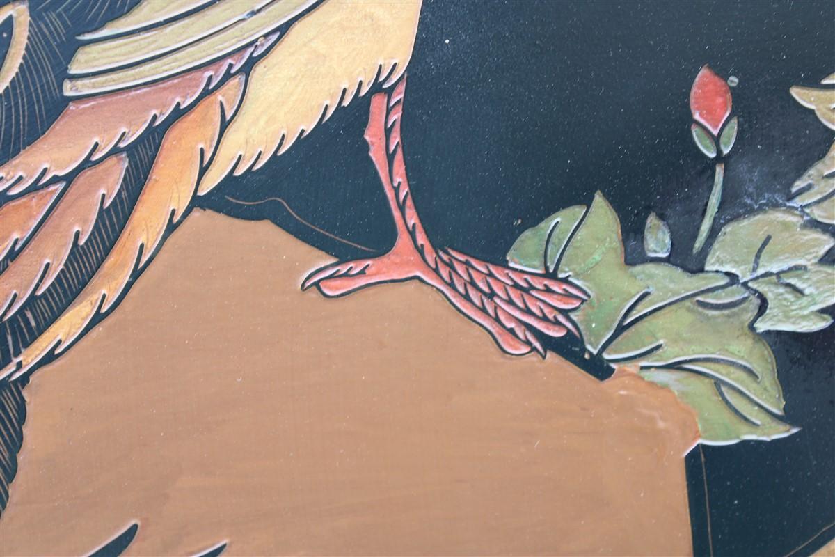 Pannello Decorativo in Lacca Cinese 1950s con Uccelli Fiori di loto e Piante  For Sale 7