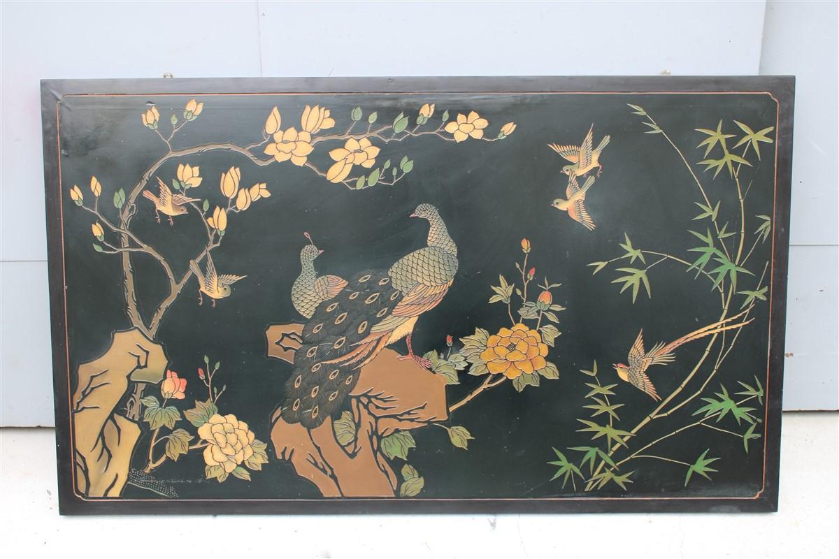 Pannello in Lacca Cinese Decoratico con Pavoni uccelli e piante con fior di loto.