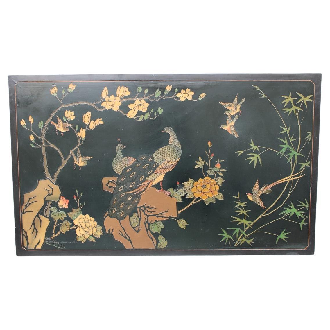 Pannello Decorativo in Lacca Cinese 1950s con Uccelli Fiori di loto e Piante  For Sale