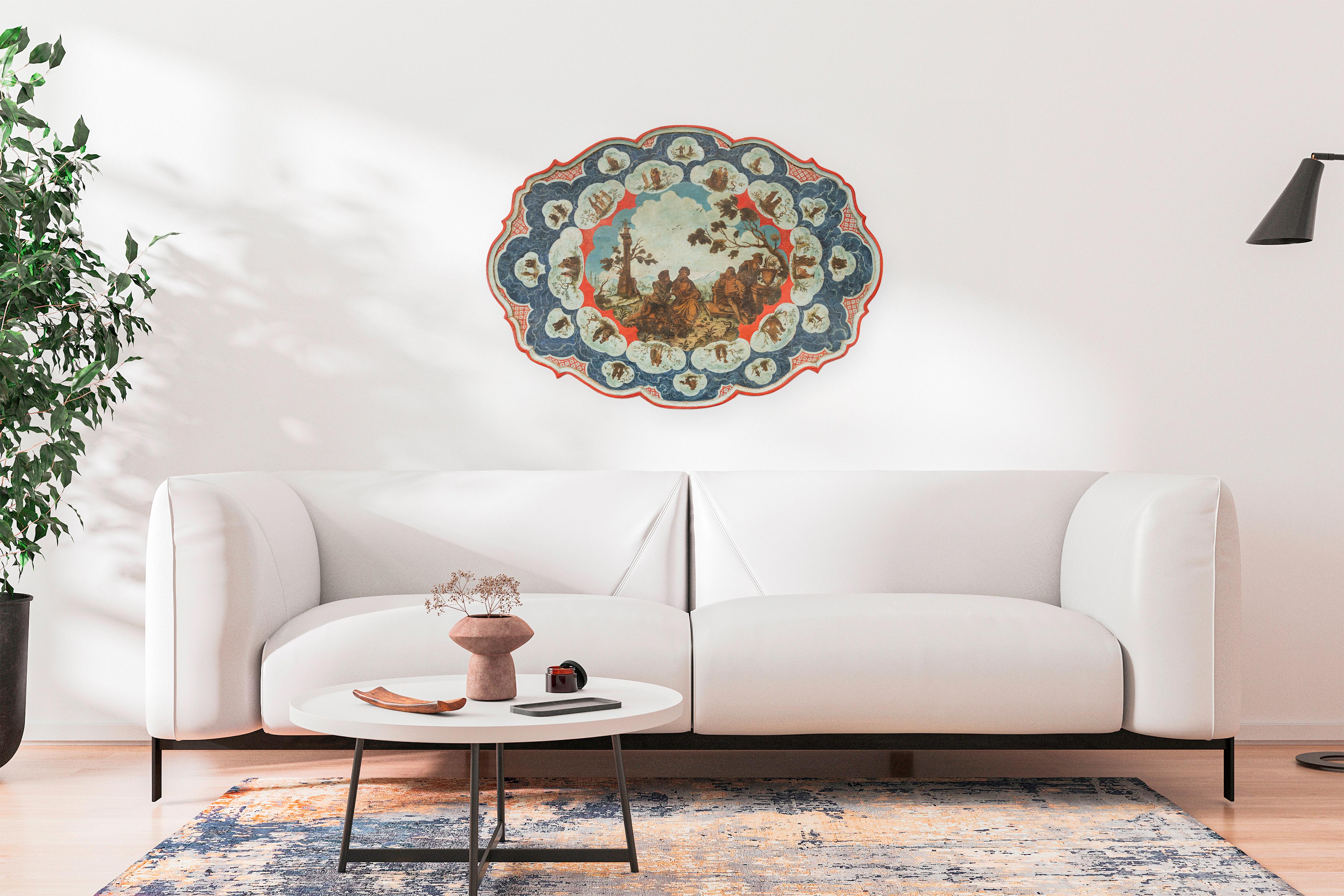 18th Century Panneau décoratif en bois laqué et peint du XVIIIe siècle, Venise. en vente