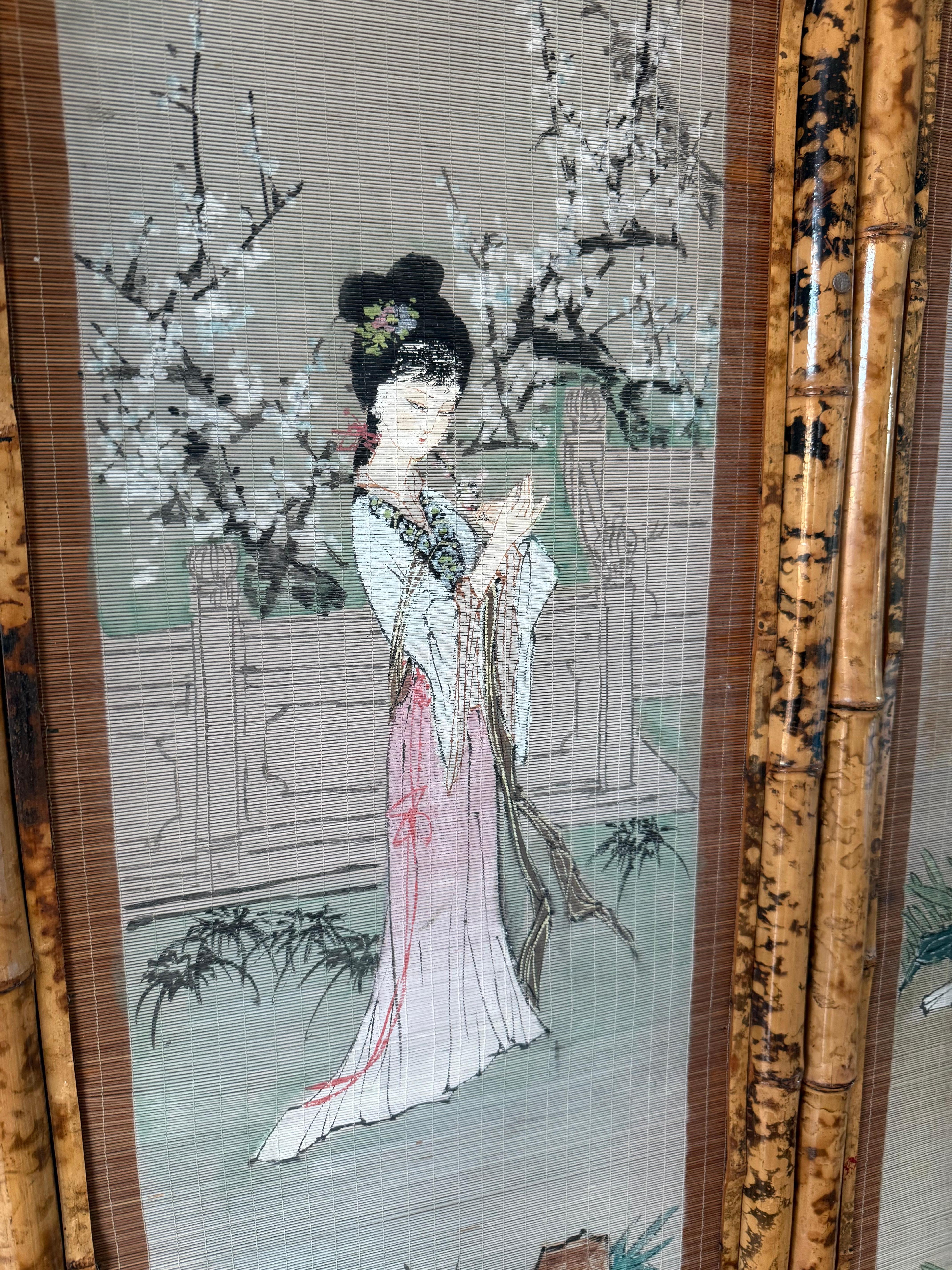 Oriental Bamboo Decorative Panel on Straw of Geisha Women 1950s For Sale 4