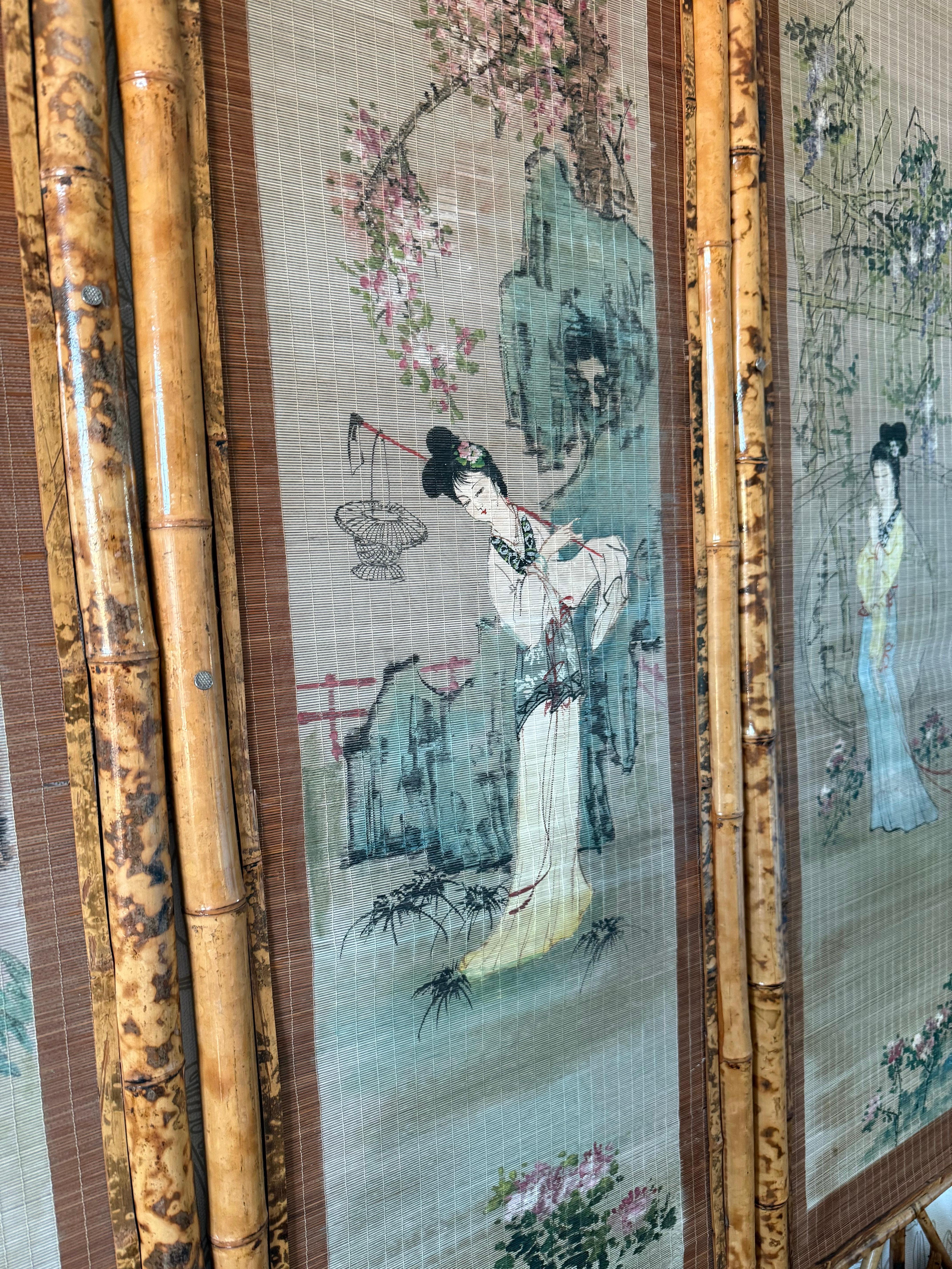 Oriental Bamboo Decorative Panel on Straw of Geisha Women 1950s For Sale 2