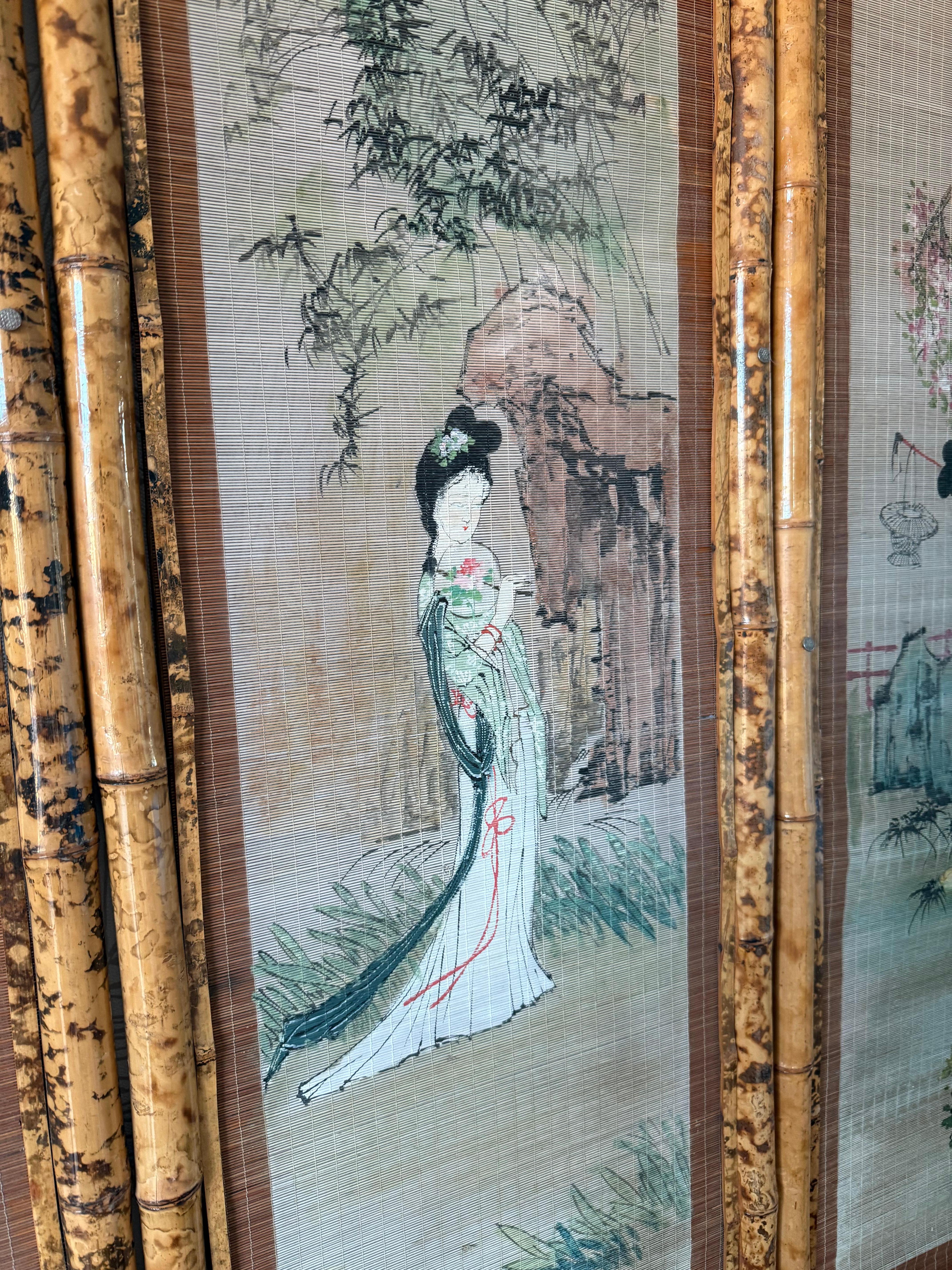 Oriental Bamboo Decorative Panel on Straw of Geisha Women 1950s For Sale 3