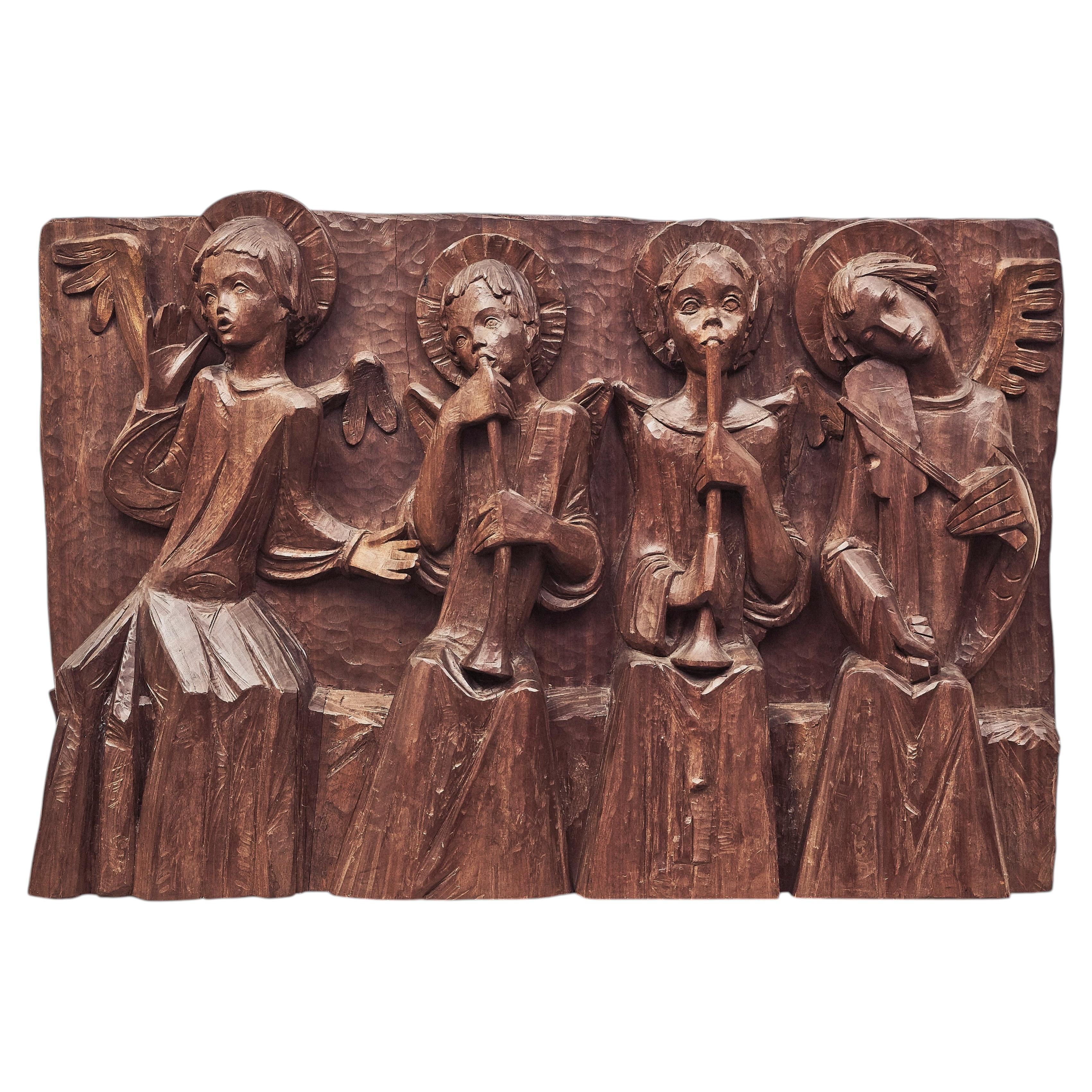 Wooden panel with four musician angels, Angelo Biancini, 1930s For Sale