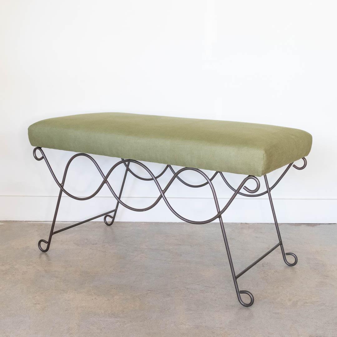 Panoplie Iron Double Loop Bench, Green Linen For Sale 4