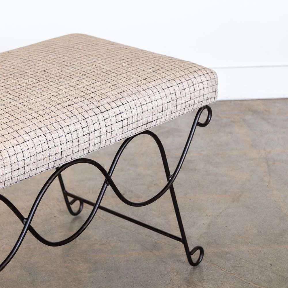 Panoplie Iron Double Loop Bench, Linen Check For Sale 7