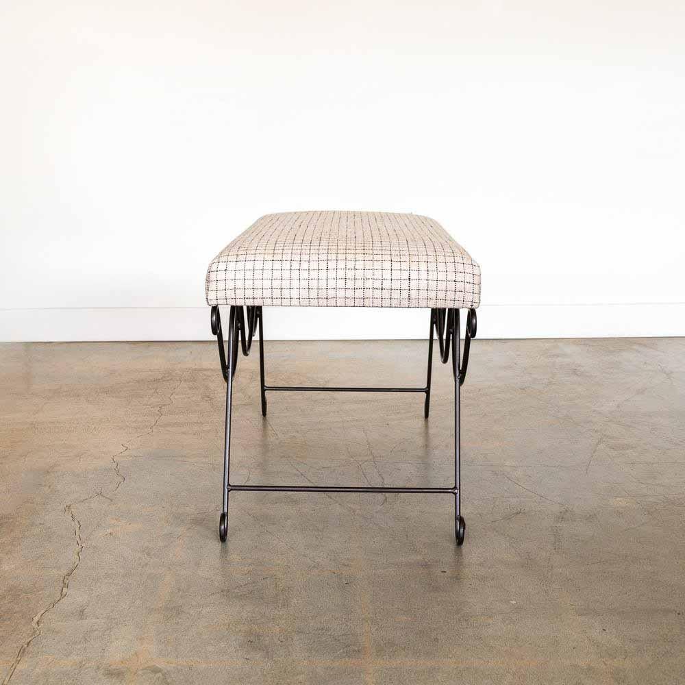 Contemporary Panoplie Iron Double Loop Bench, Linen Check For Sale
