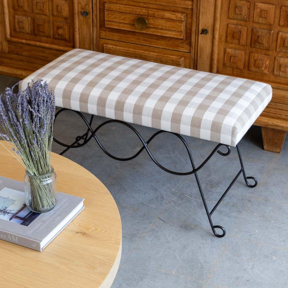 American Panoplie Iron Double Loop Bench, Tan Gingham For Sale