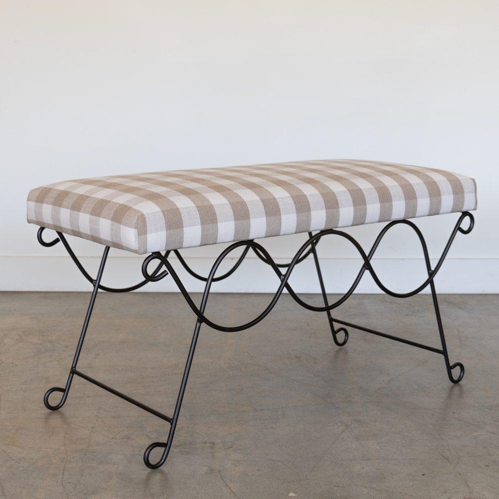 Panoplie Iron Double Loop Bench, Tan Gingham In New Condition For Sale In Los Angeles, CA