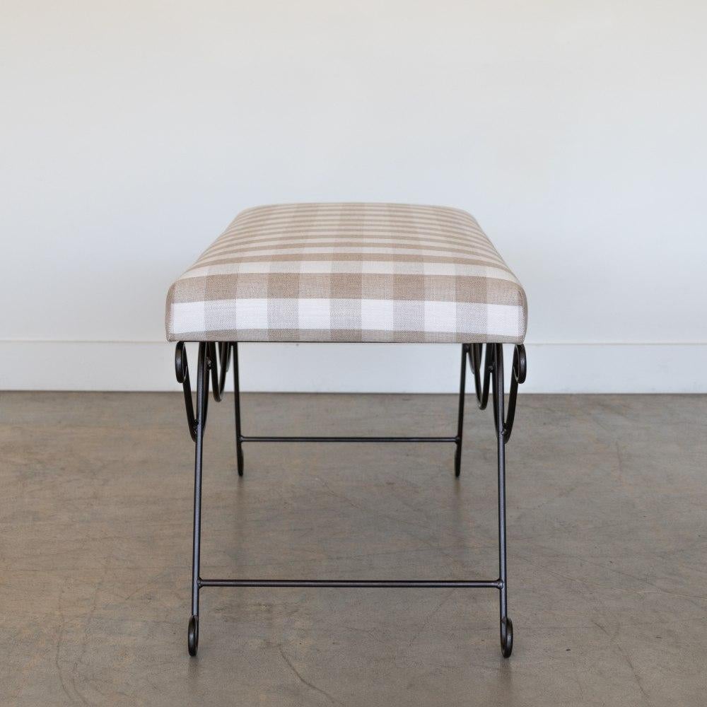 Contemporary Panoplie Iron Double Loop Bench, Tan Gingham For Sale