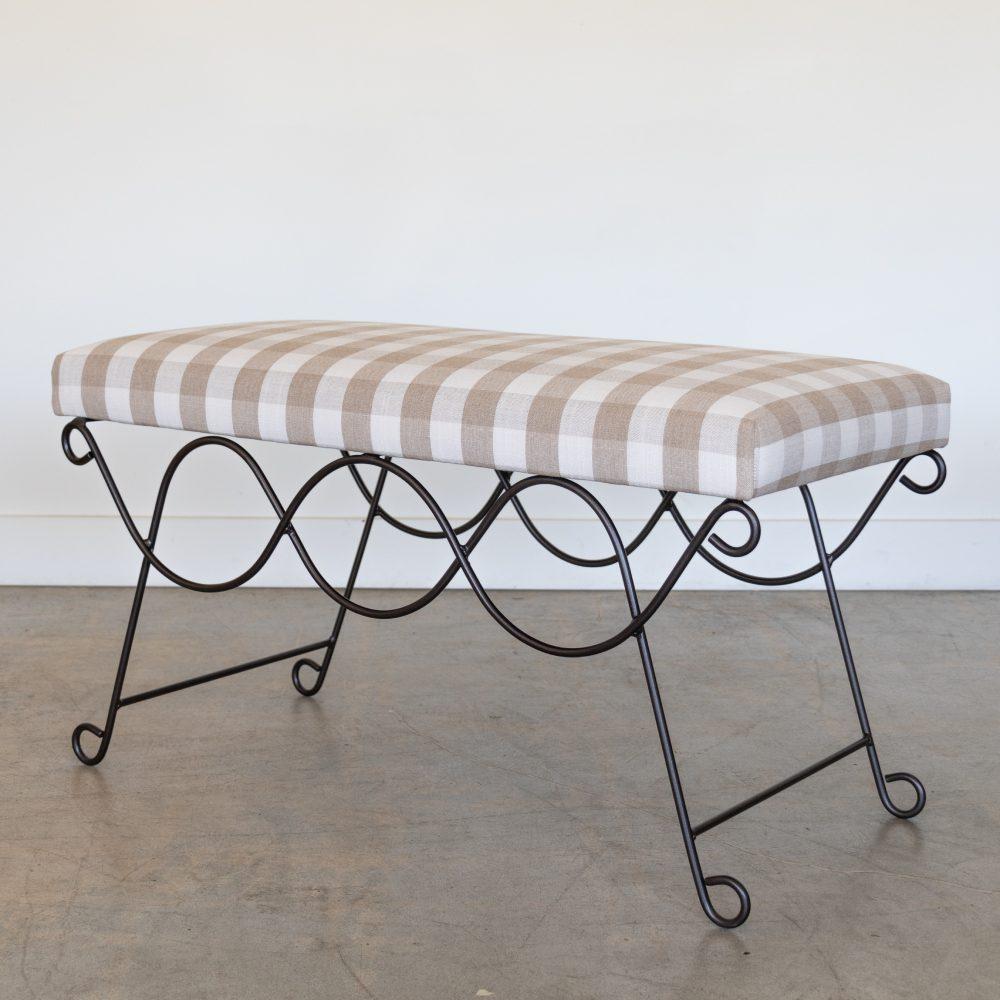 Linen Panoplie Iron Double Loop Bench, Tan Gingham For Sale