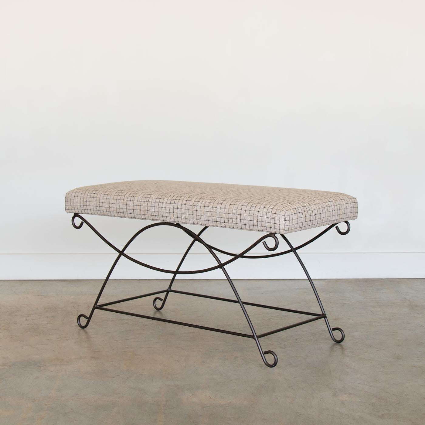 Panoplie Iron Loop Bench, Linen Check In New Condition For Sale In Los Angeles, CA