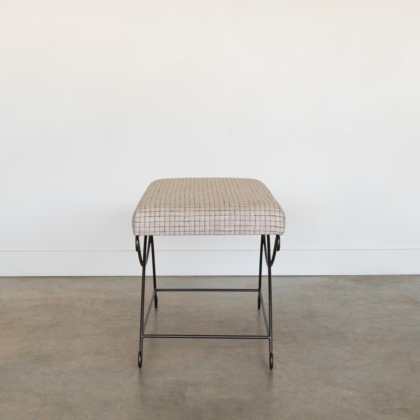 Contemporary Panoplie Iron Loop Bench, Linen Check For Sale