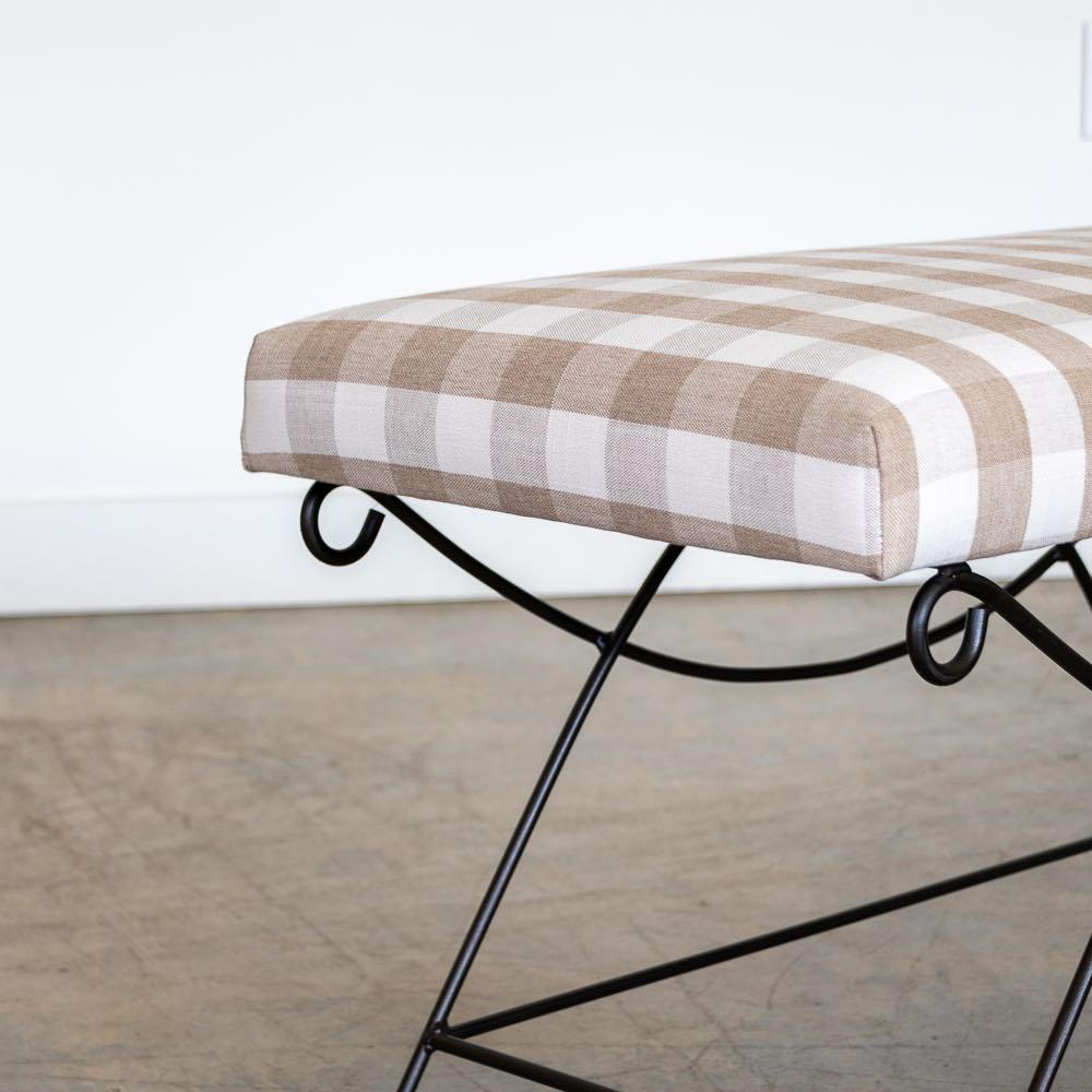 Panoplie Iron Loop Bench, Tan Gingham For Sale 4