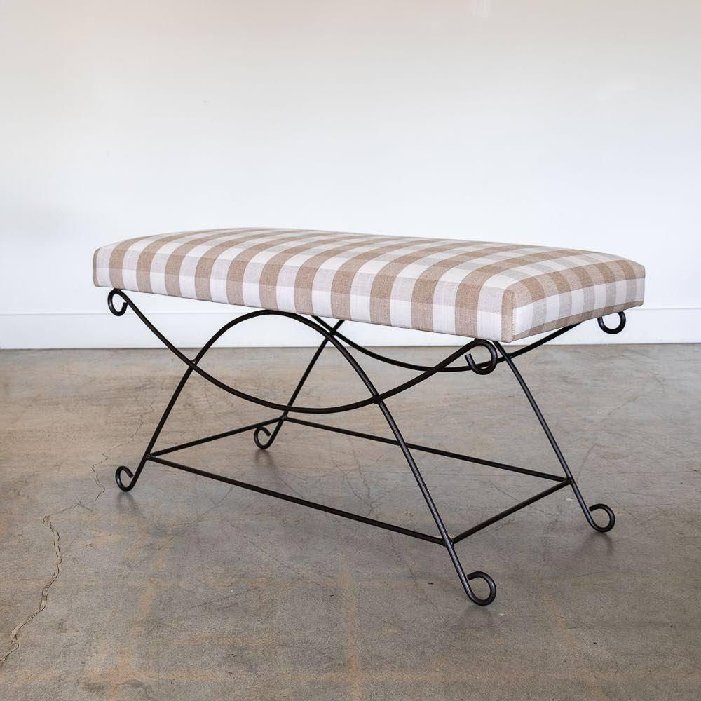 Panoplie Iron Loop Bench, Tan Gingham In New Condition For Sale In Los Angeles, CA