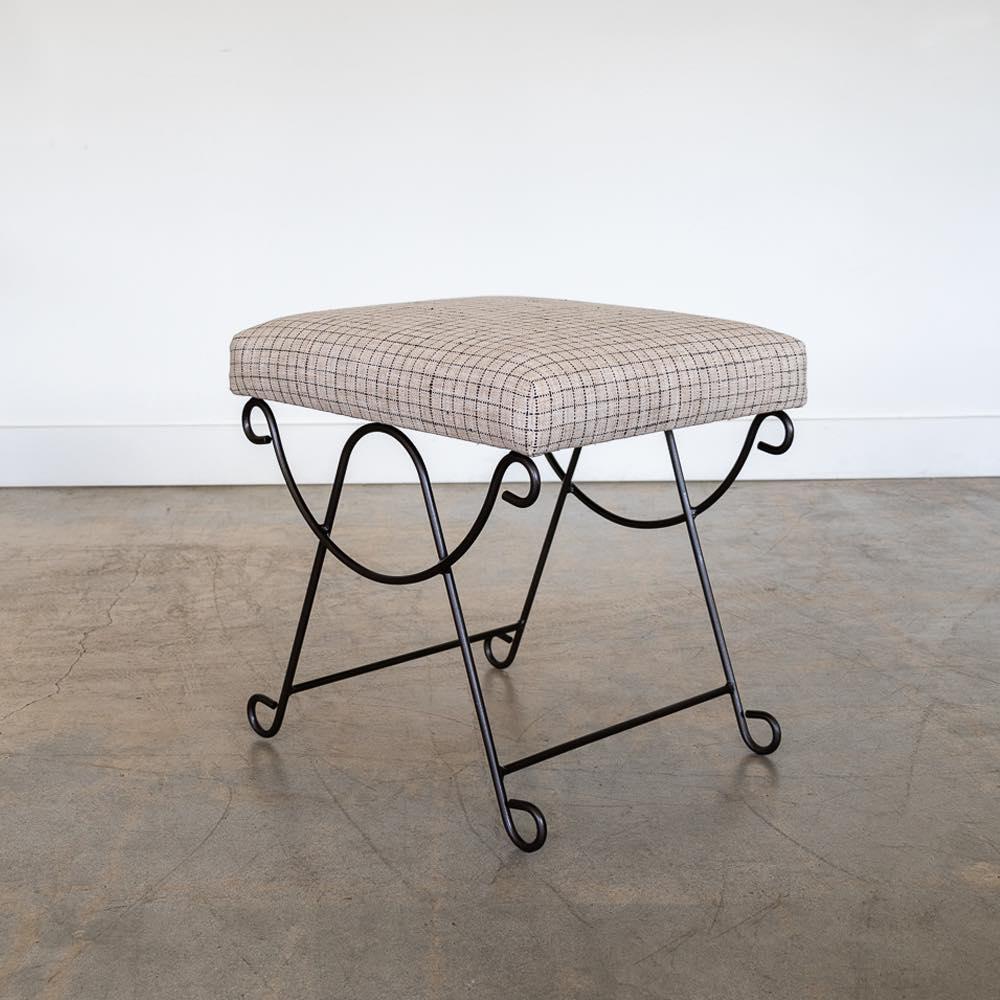 Panoplie Iron Loop Stool with Linen Check In New Condition For Sale In Los Angeles, CA