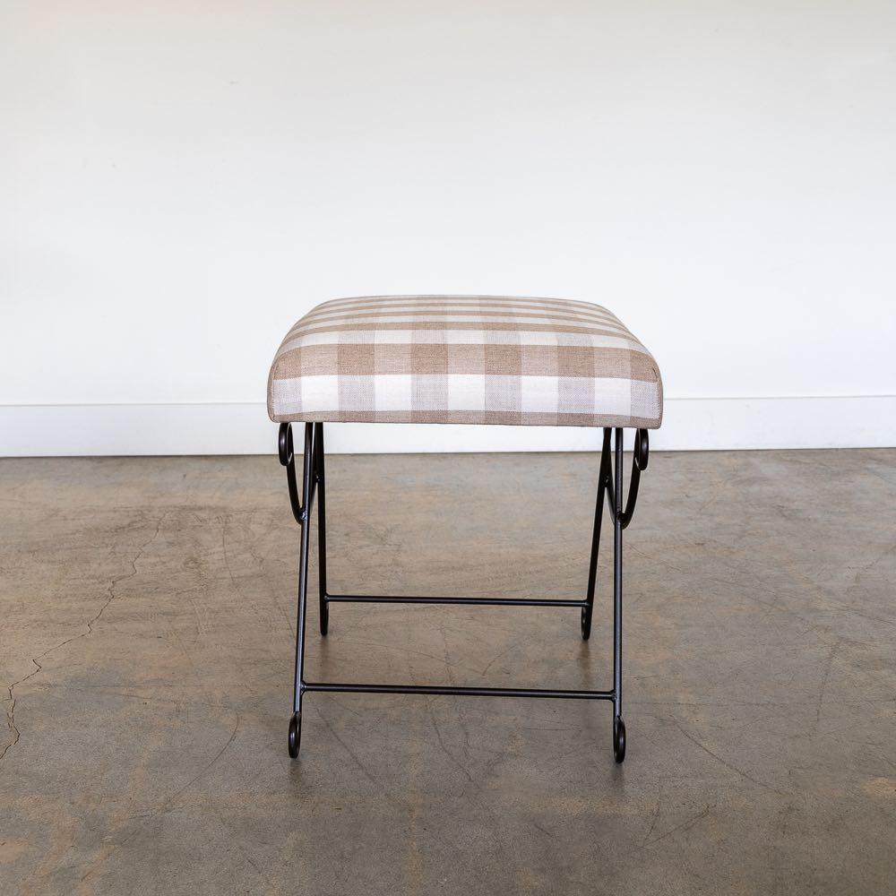 Panoplie Iron Loop Stool, Tan Gingham In New Condition For Sale In Los Angeles, CA