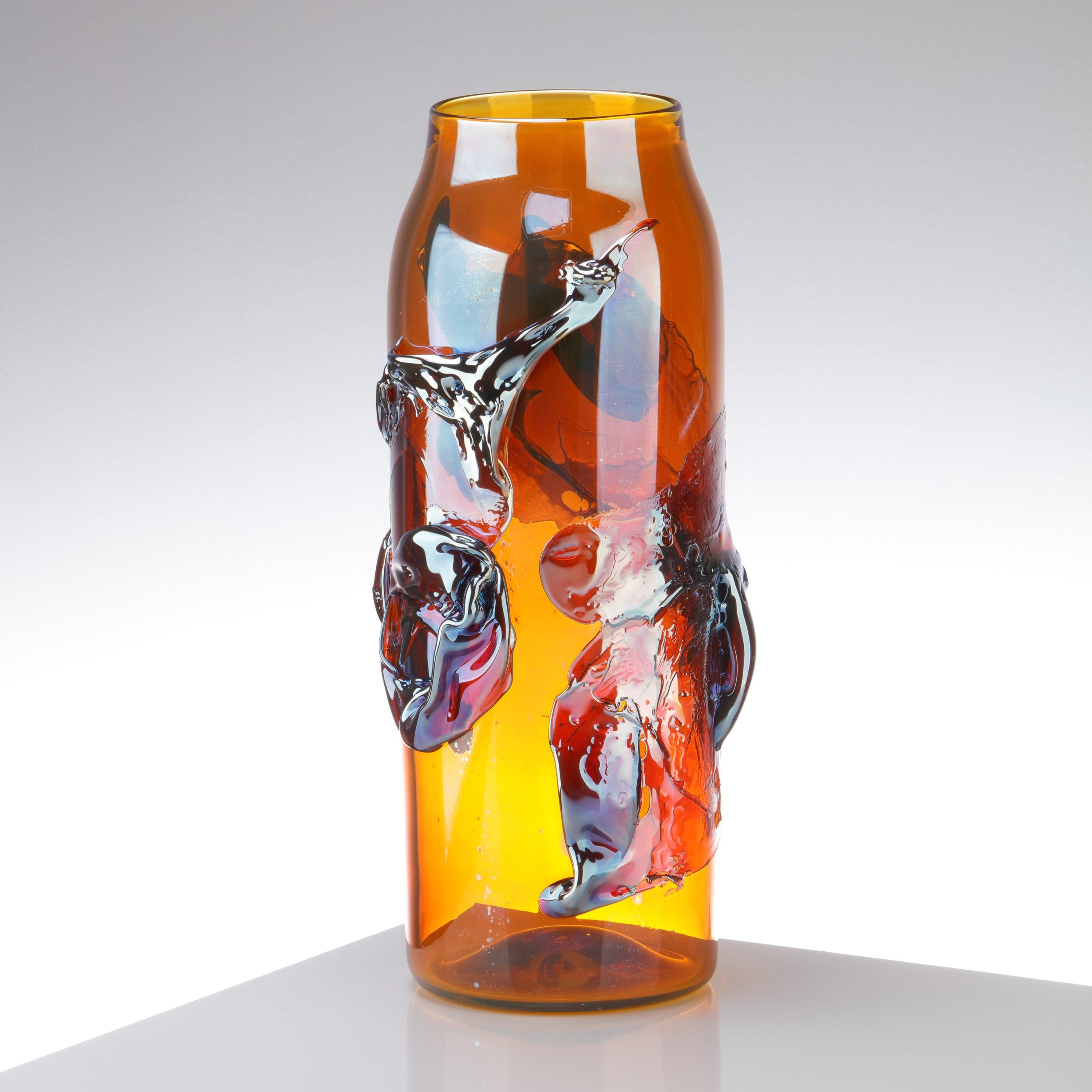 Organic Modern Panorama in Nectar, an Amber & Metallic Blue Abstract Glass Vase by Bethany Wood For Sale