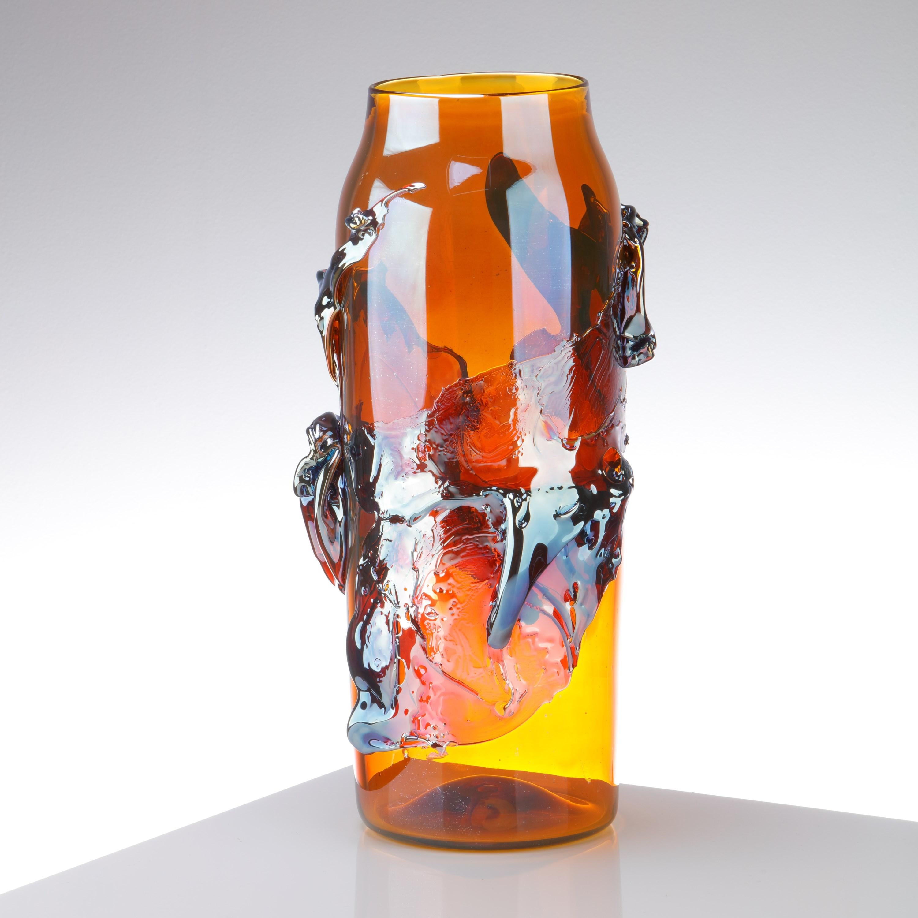 British Panorama in Nectar, an Amber & Metallic Blue Abstract Glass Vase by Bethany Wood For Sale