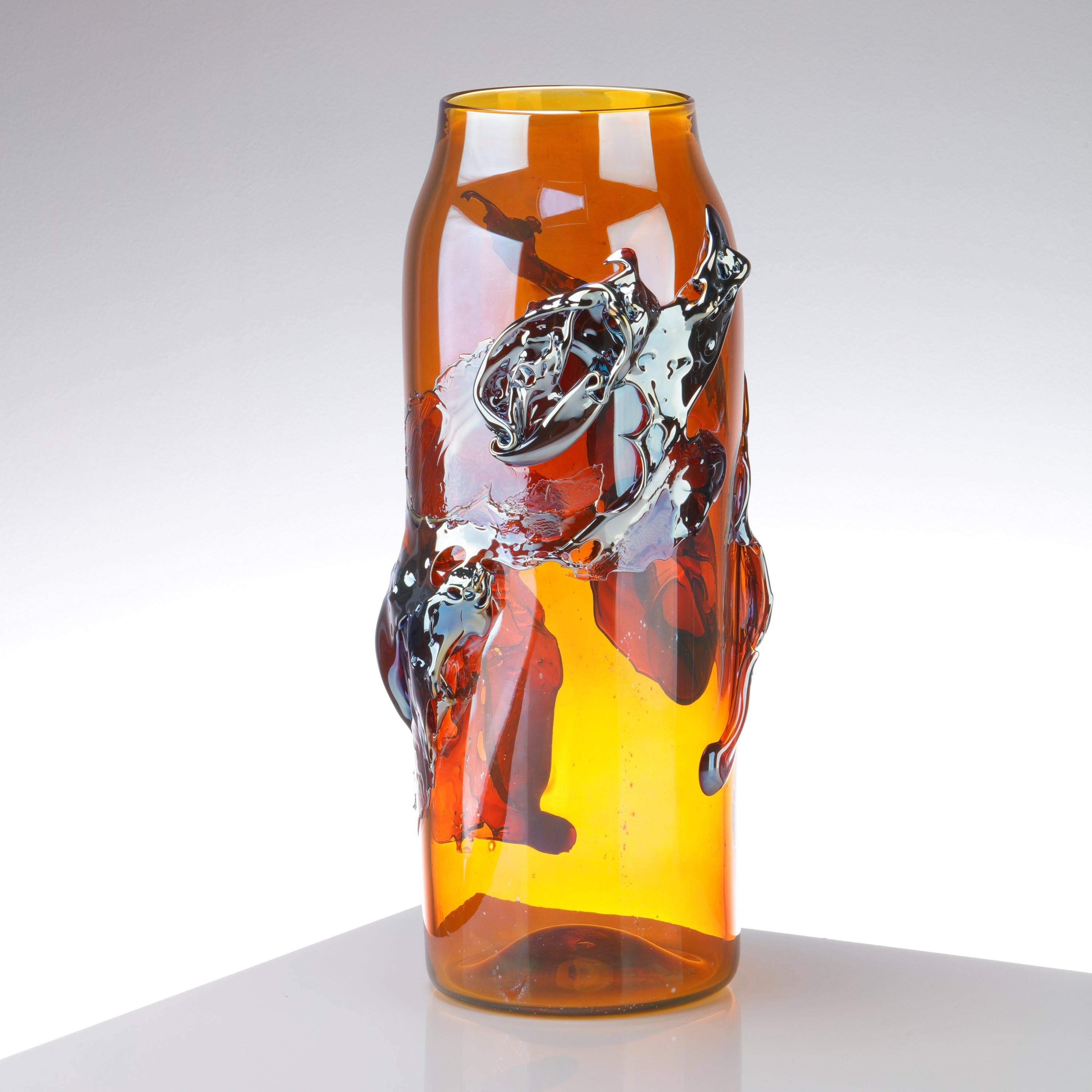 Hand-Crafted Panorama in Nectar, an Amber & Metallic Blue Abstract Glass Vase by Bethany Wood For Sale
