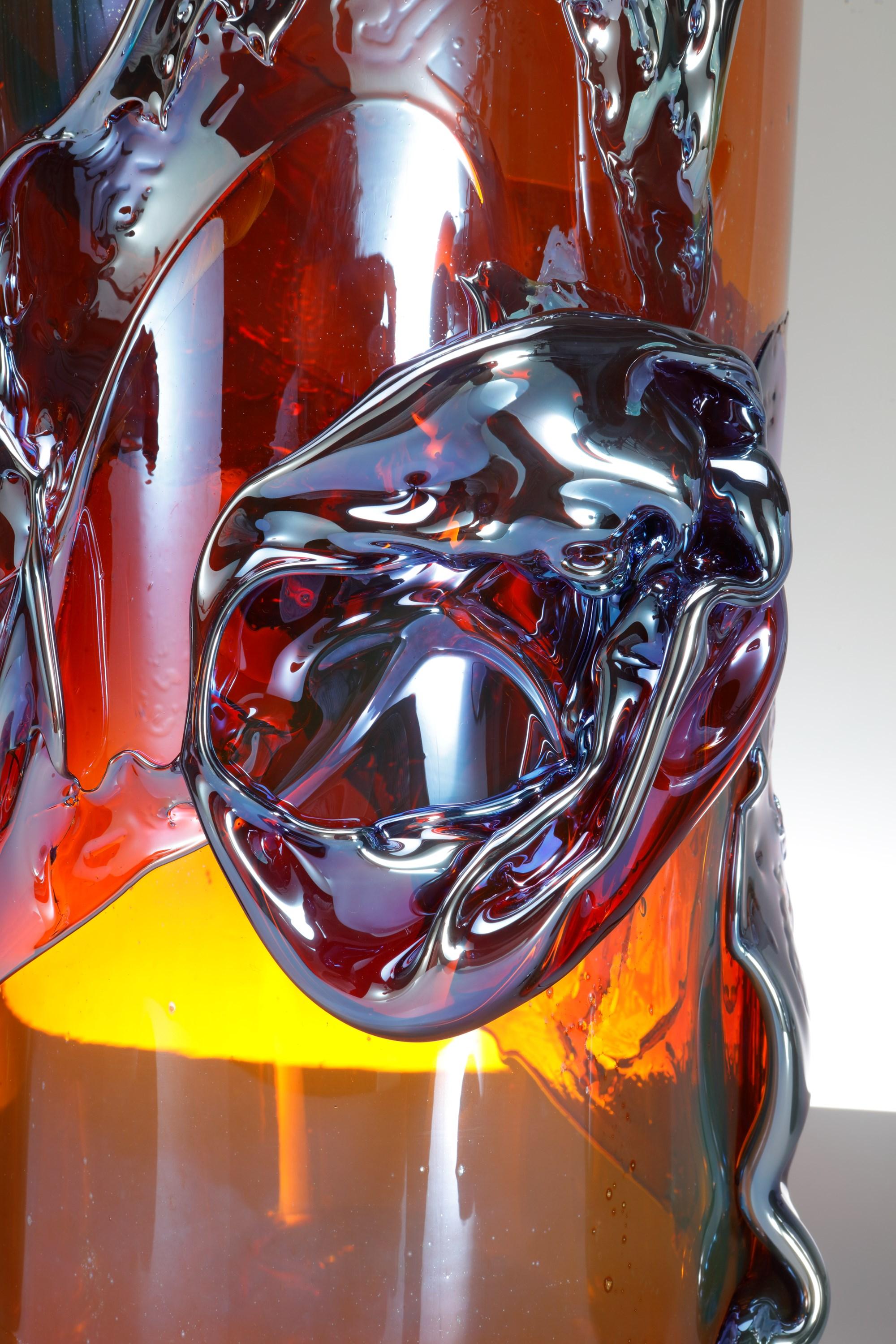 Panorama in Nectar, an Amber & Metallic Blue Abstract Glass Vase by Bethany Wood In New Condition For Sale In London, GB