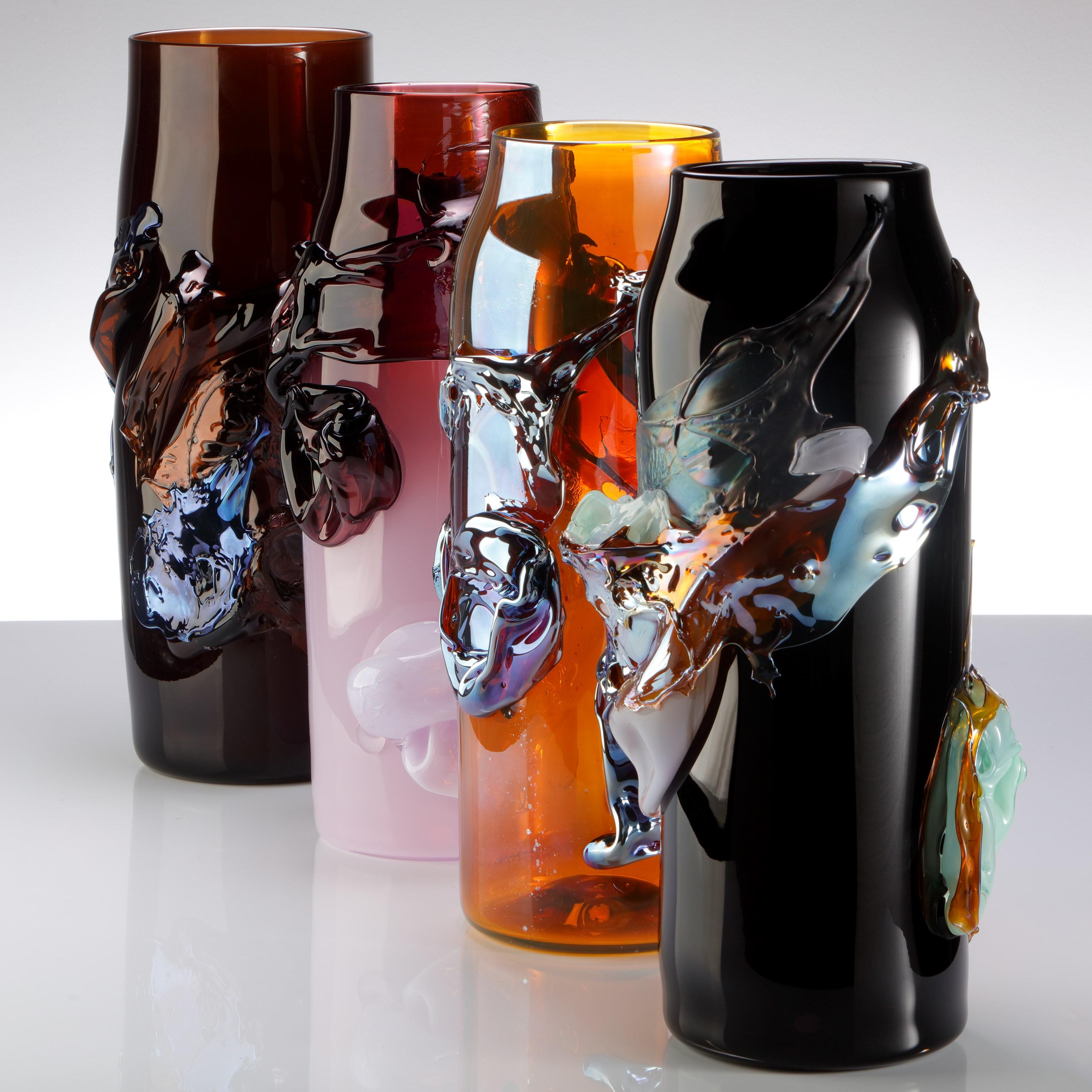 Contemporary Panorama in Nectar, an Amber & Metallic Blue Abstract Glass Vase by Bethany Wood For Sale