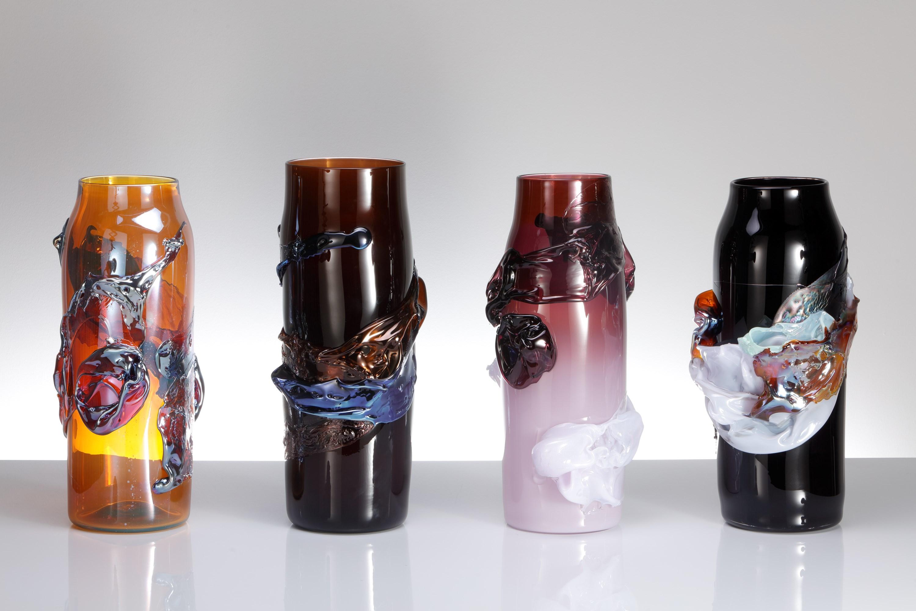 Panorama in Nectar, an Amber & Metallic Blue Abstract Glass Vase by Bethany Wood For Sale 1