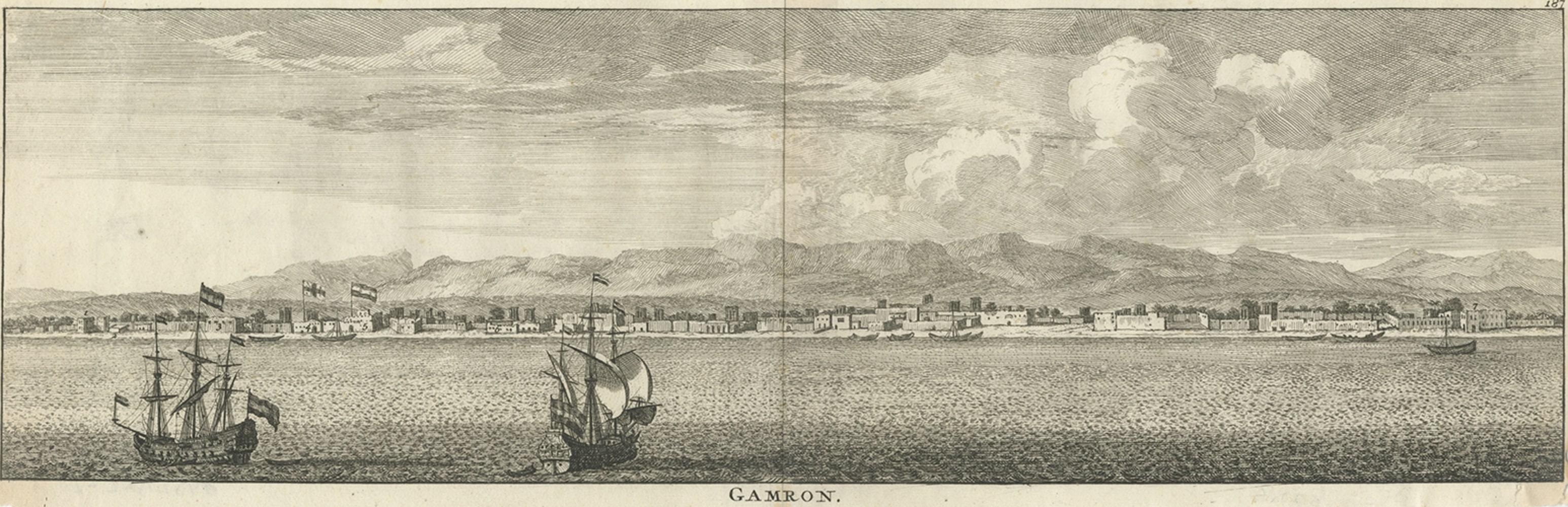 Antique print titled 'Gamron'. Panoramic view of the city of Bandar-Abbas (formerly Gamron) in Iran / Persia. This print originates from 'Reizen over Moskovie, door Persie en Indie' by C. de Bruyn. 

Artists and engravers: Published by R. en G.