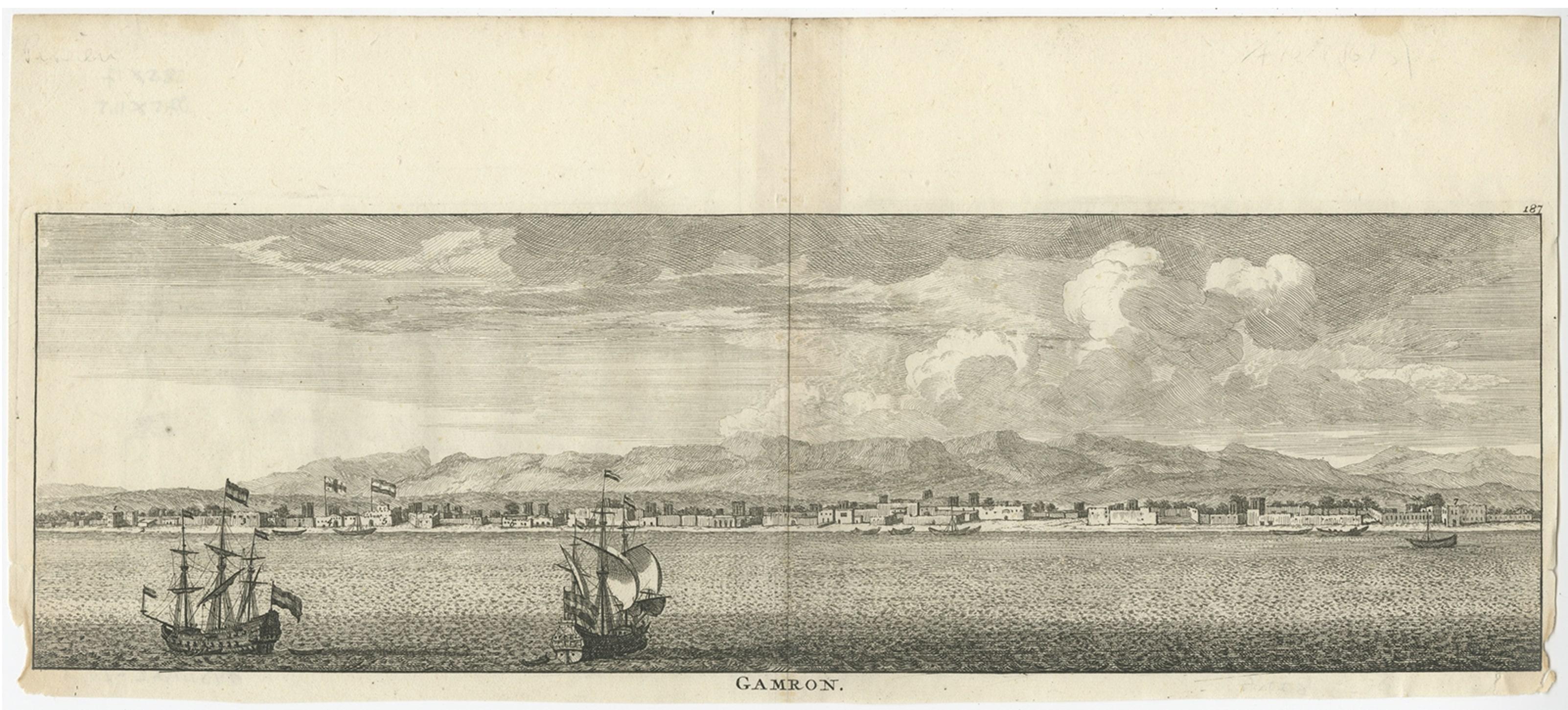 Vue Panoramie ancienne de Bandar-Abbas « Anciennement Gamron, Perse » en Iran, 1714 Bon état - En vente à Langweer, NL