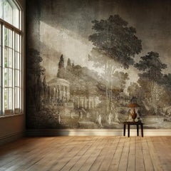 Decoración de pared panorámica en grisalla sobre lienzo, estilo siglo XIX