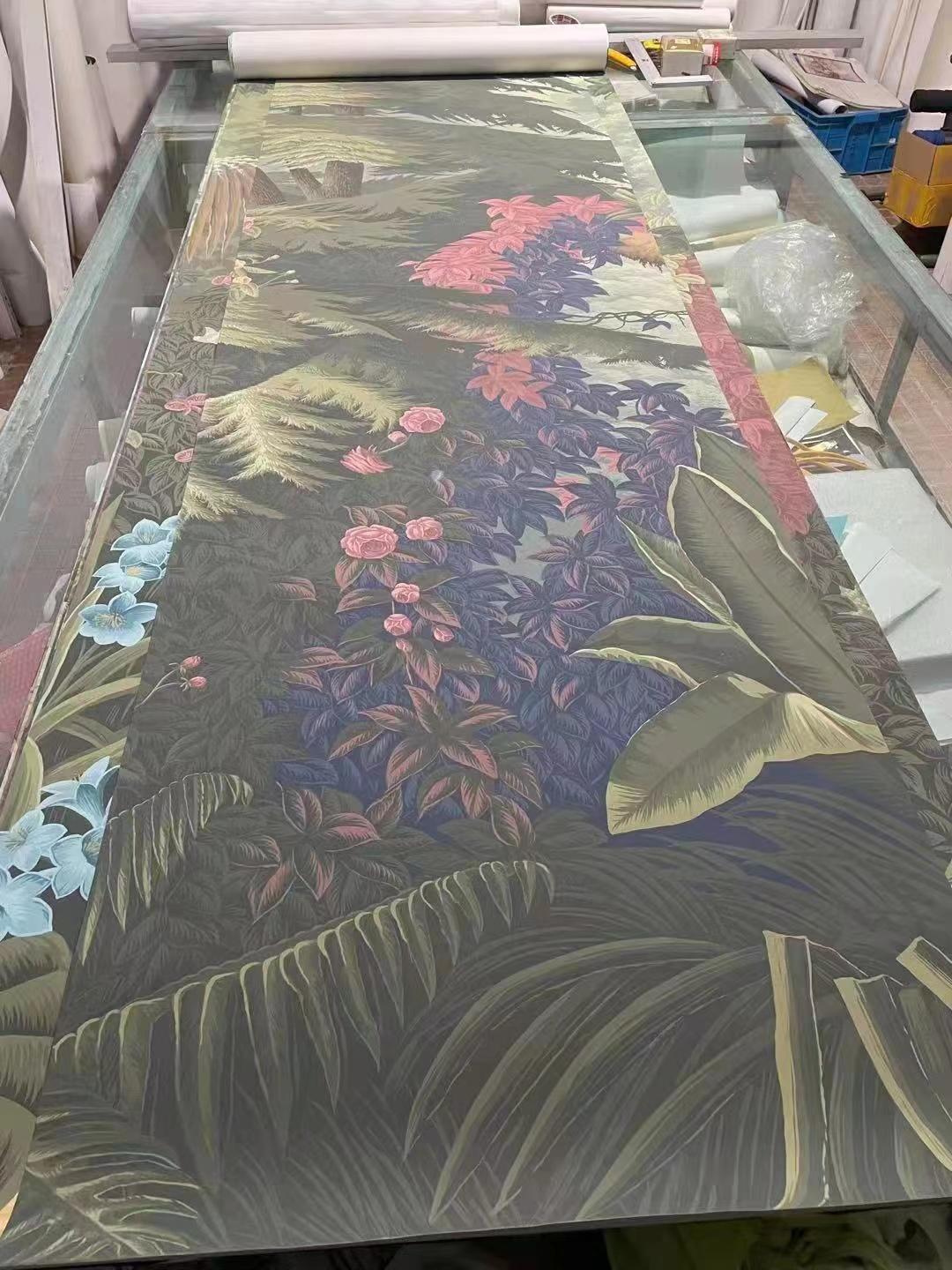 Panoramic Mural Hand Painted Wallpaper on Gold Metallic, Accept Custom Size For Sale 1