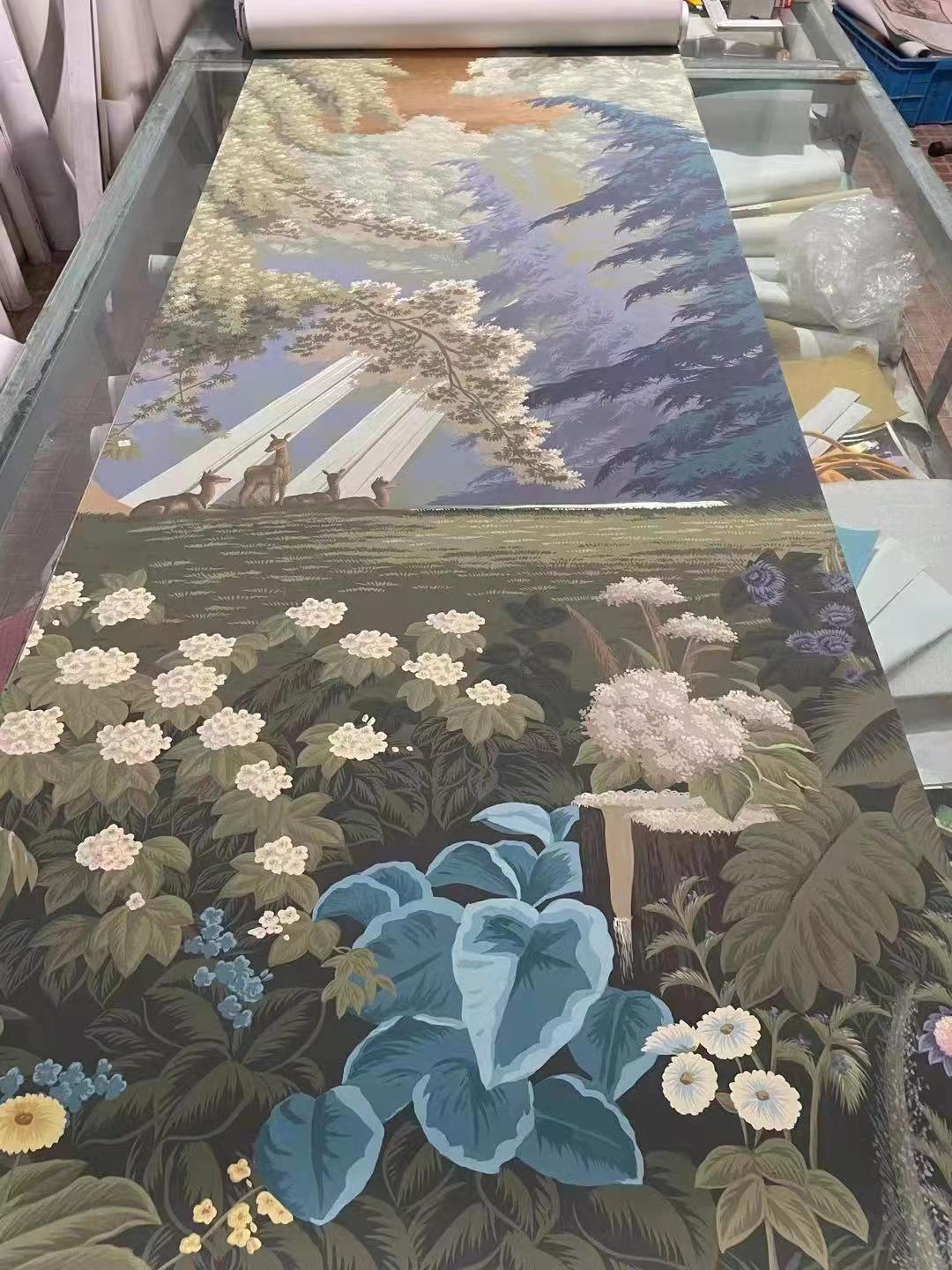 Panoramik-Wandteppich, handbemalt auf Goldmetallic, akzeptiert Sondergröße (Chinesisch) im Angebot