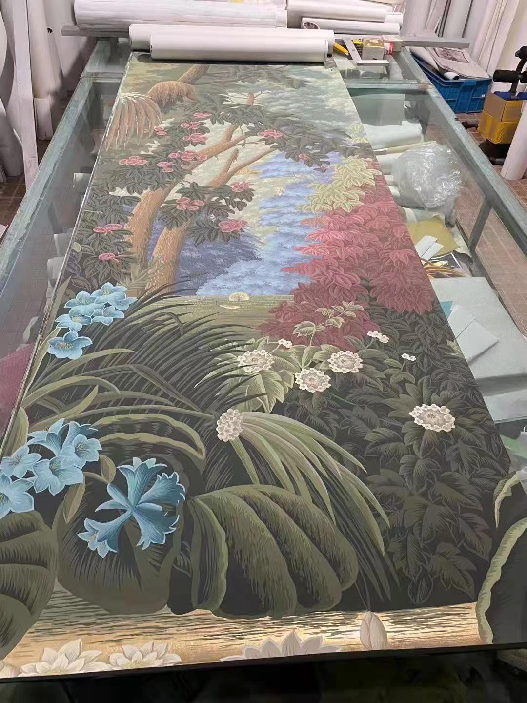 Chinese Panoramic Mural Hand Painted Wallpaper on Gold Metallic, Accept Custom Size For Sale