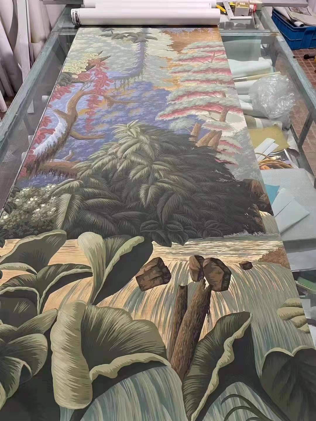 Hand-Painted Panoramic Mural Hand Painted Wallpaper on Gold Metallic, Accept Custom Size For Sale