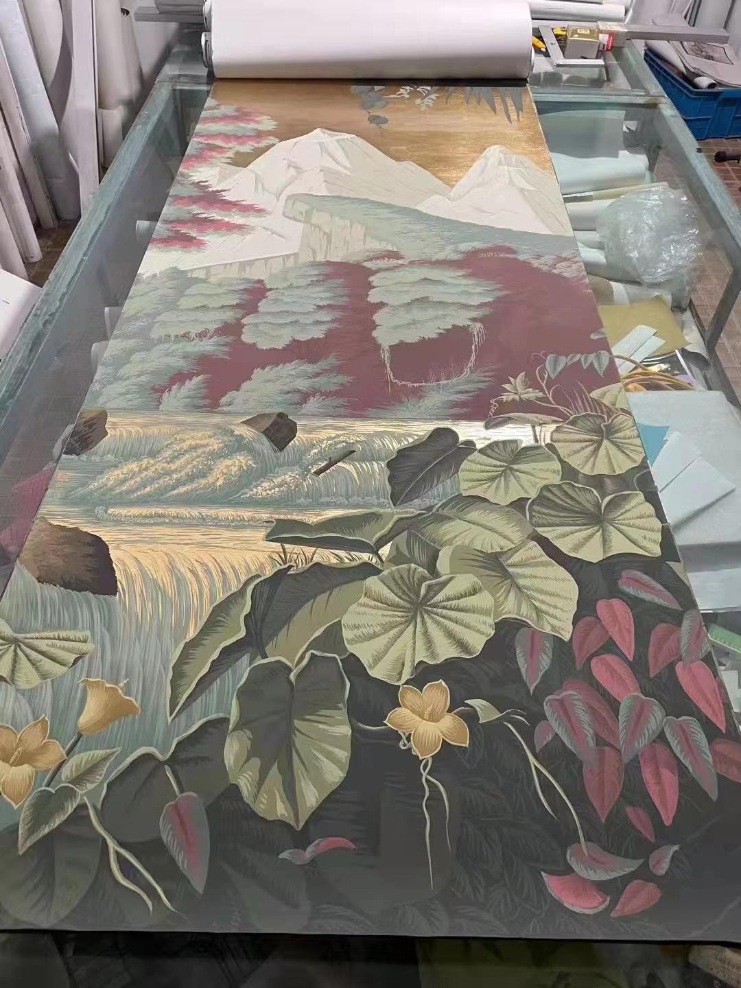 Panoramic Mural Hand Painted Wallpaper on Gold Metallic, Accept Custom Size In New Condition For Sale In Wuxi, 32