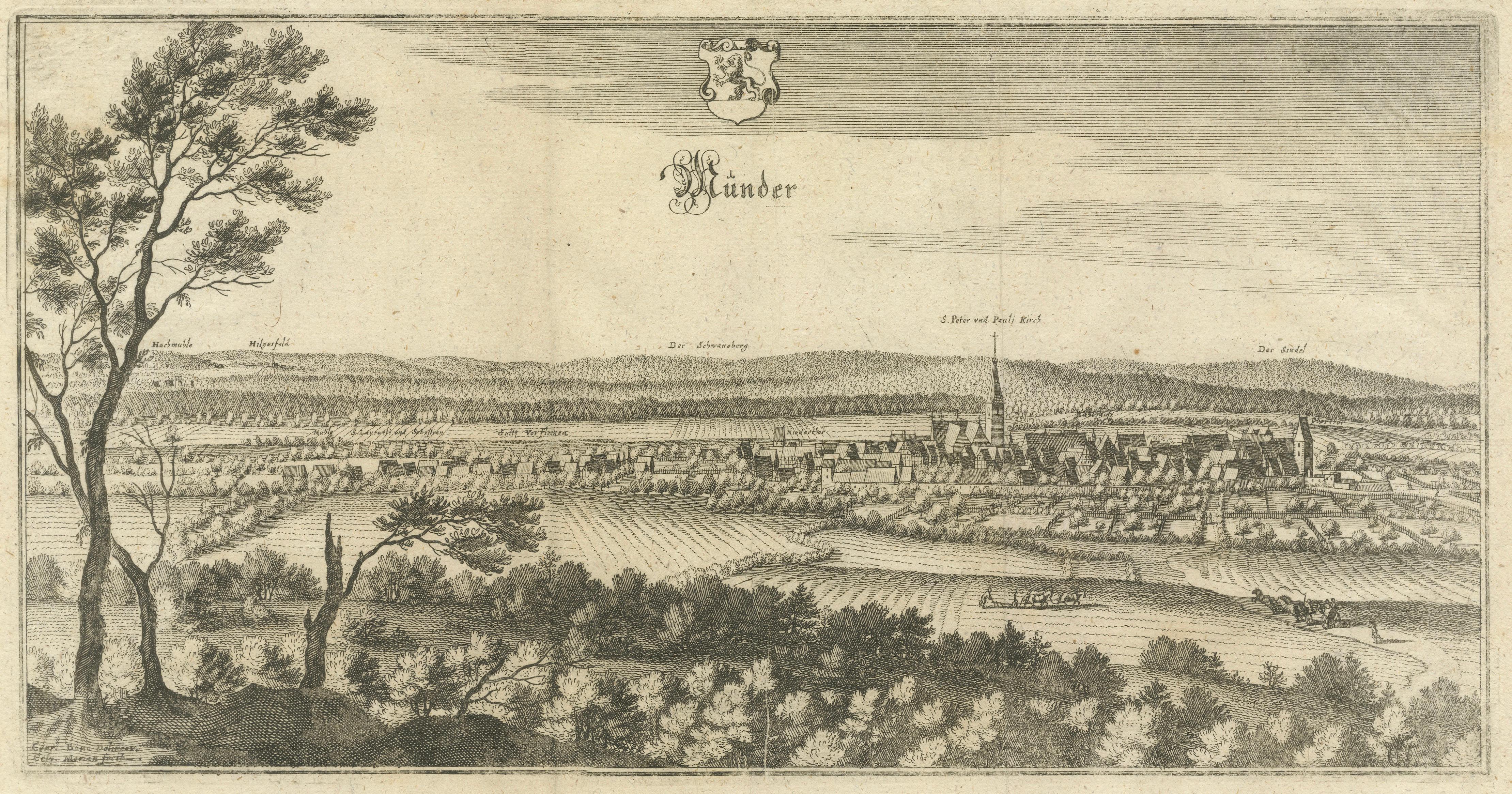 Panoramic View Bad Münder, Merian Townscape Engraving, Germany, c.1654