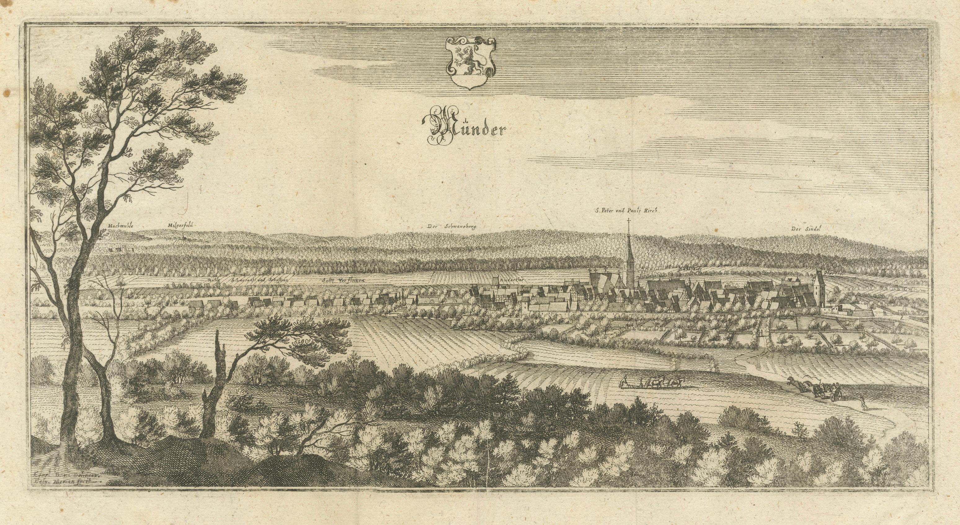 Panoramic View Bad Münder, Merian Townscape Engraving, Germany, c.1654