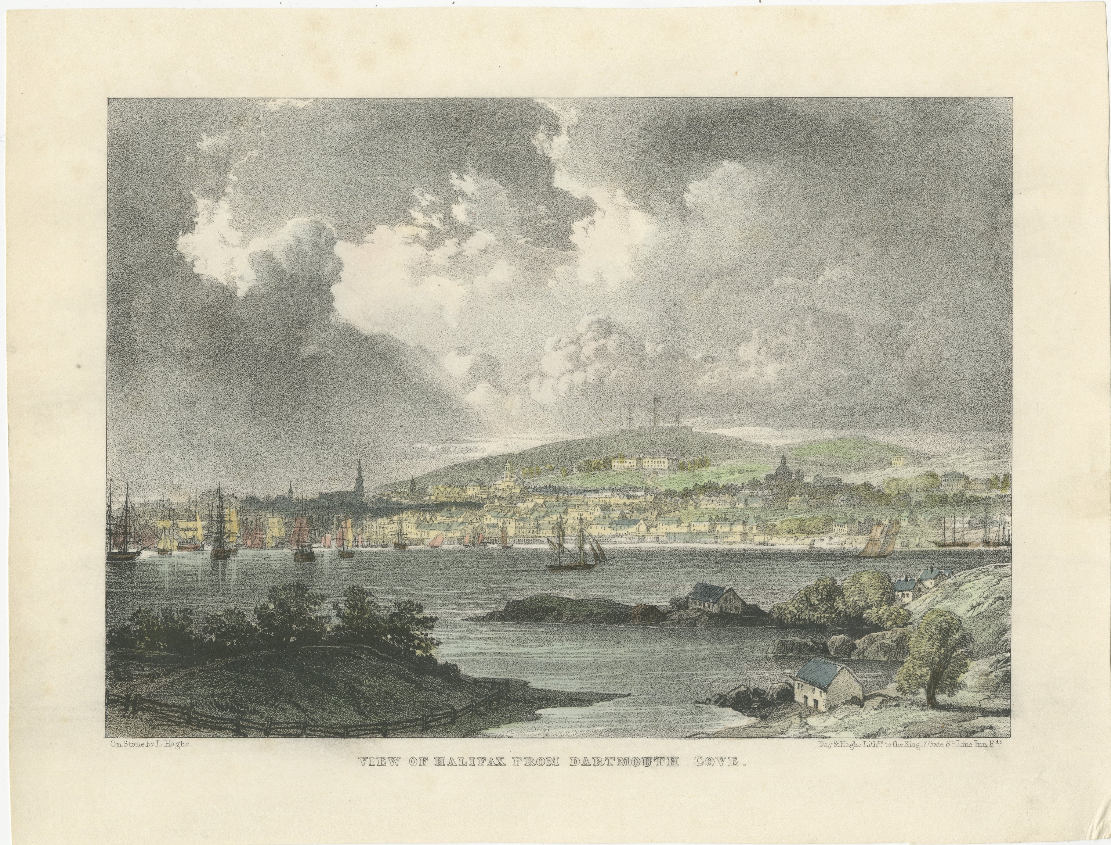 Title: Panoramic View of Halifax from Dartmouth Cove – A Coastal Gem of 1828  

Description : This hand-colored lithograph depicts a striking view of Halifax, Nova Scotia, as seen from Dartmouth Cove. Created by Louis Haghe and printed by Day &