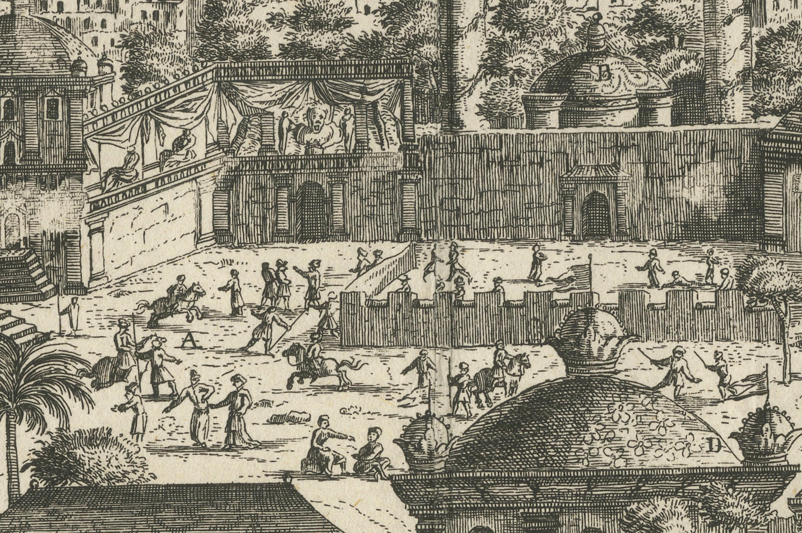 Panoramikansicht von Isfahan in Persien des 17. Jahrhunderts von J.C. Haffner, ca. 1690, Haffner im Zustand „Relativ gut“ im Angebot in Langweer, NL