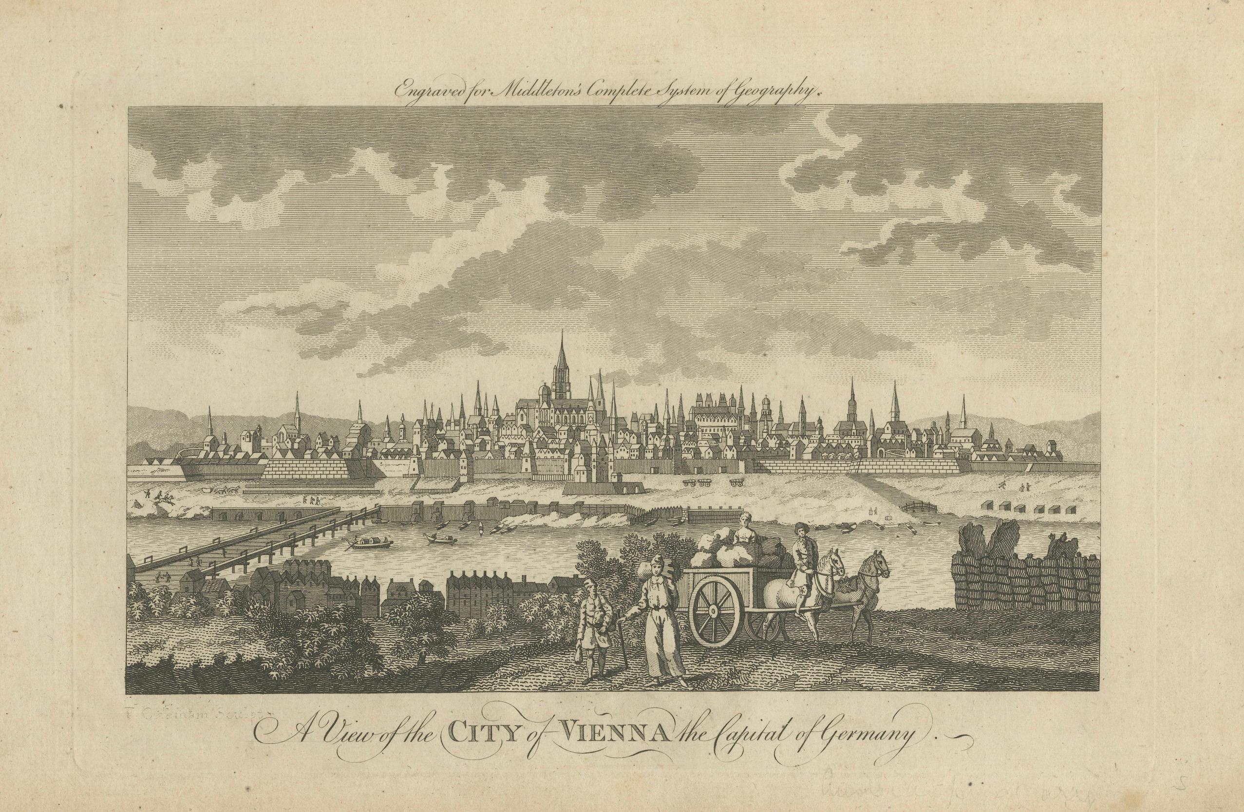 Antique View of Vienna ��– Engraving by T. Coleman for Middleton’s Geography, c.1777

This finely detailed 18th-century copperplate engraving presents a panoramic view of Vienna, then one of the great imperial cities of Europe. Entitled “A View of the
