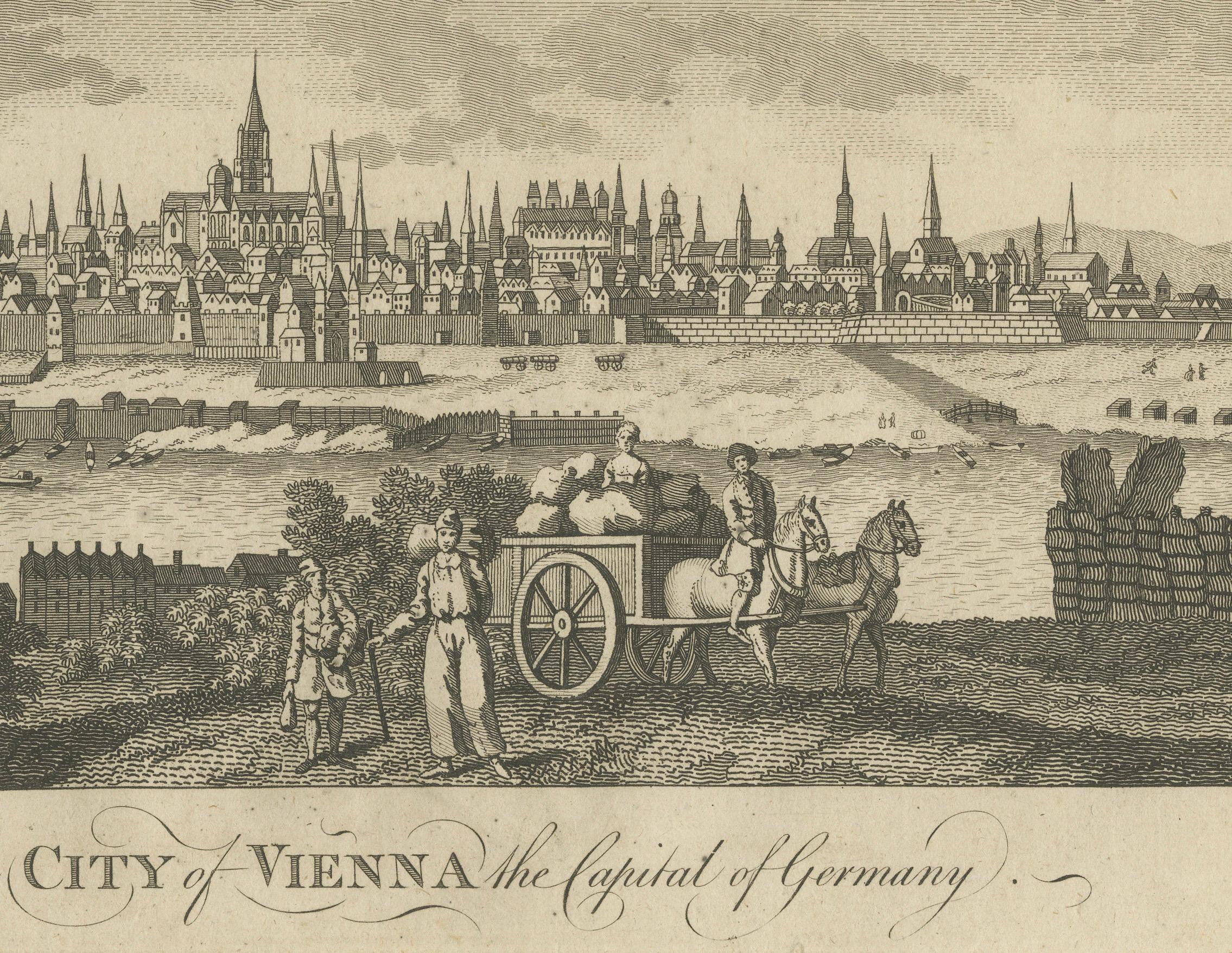 Engraved Panoramic View of Vienna on the Danube – Antique City Engraving, c.1777 For Sale