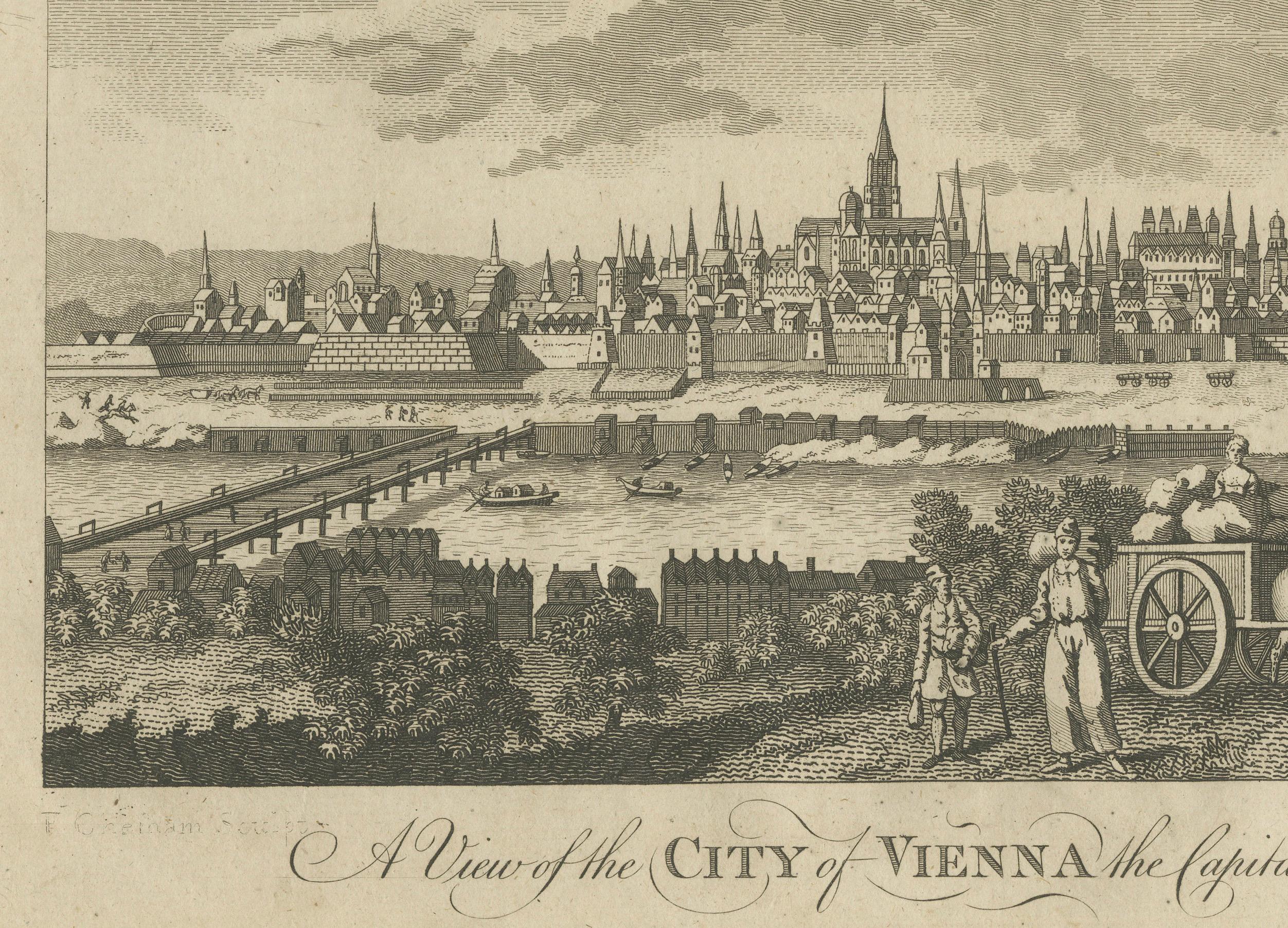 Panoramic View of Vienna on the Danube – Antique City Engraving, c.1777 In Good Condition For Sale In Langweer, NL