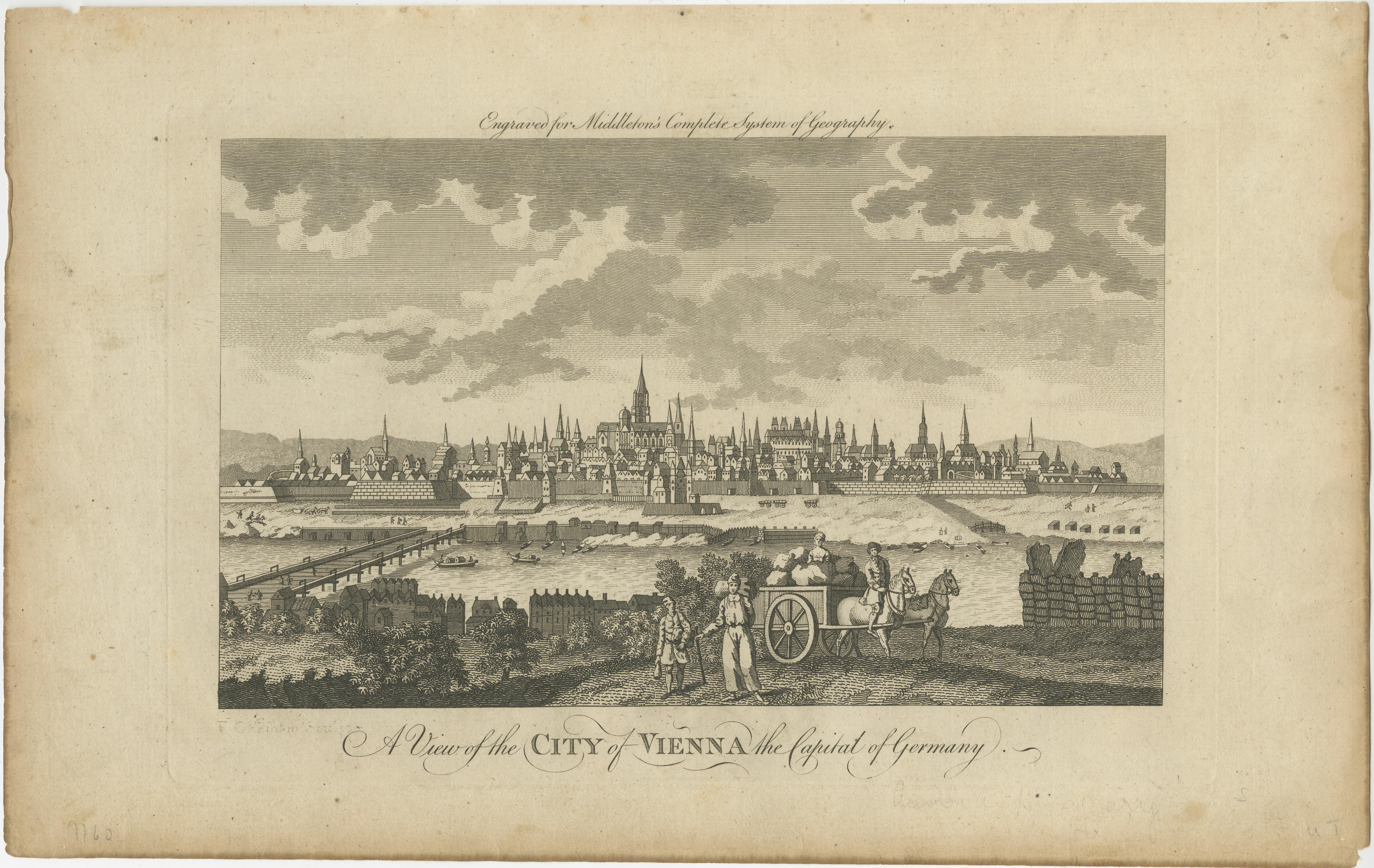 Panoramic View of Vienna on the Danube – Antique City Engraving, c.1777 For Sale 1