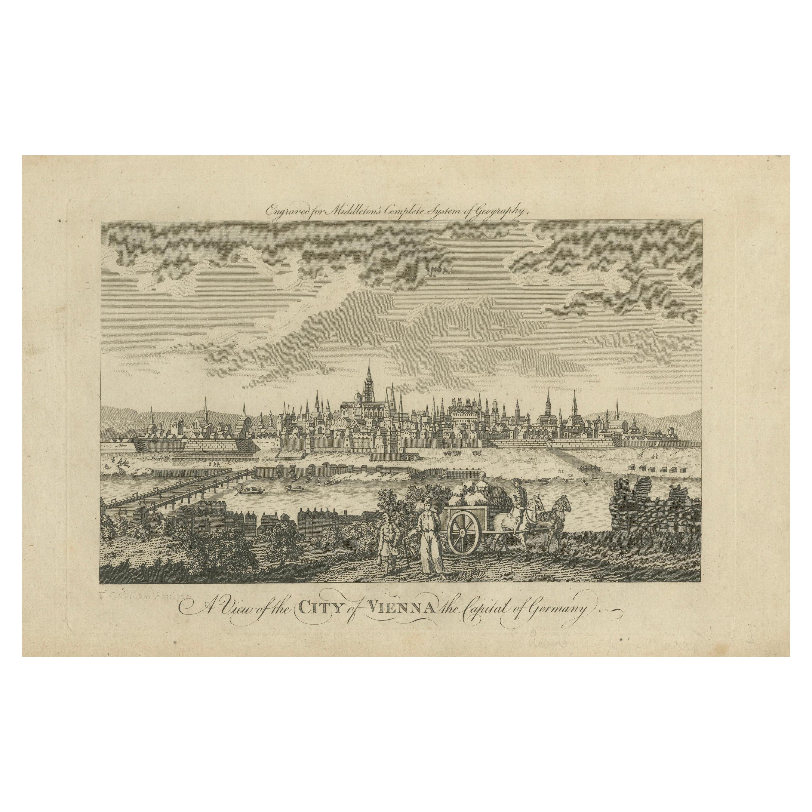 Panoramic View of Vienna on the Danube – Antique City Engraving, c.1777 For Sale
