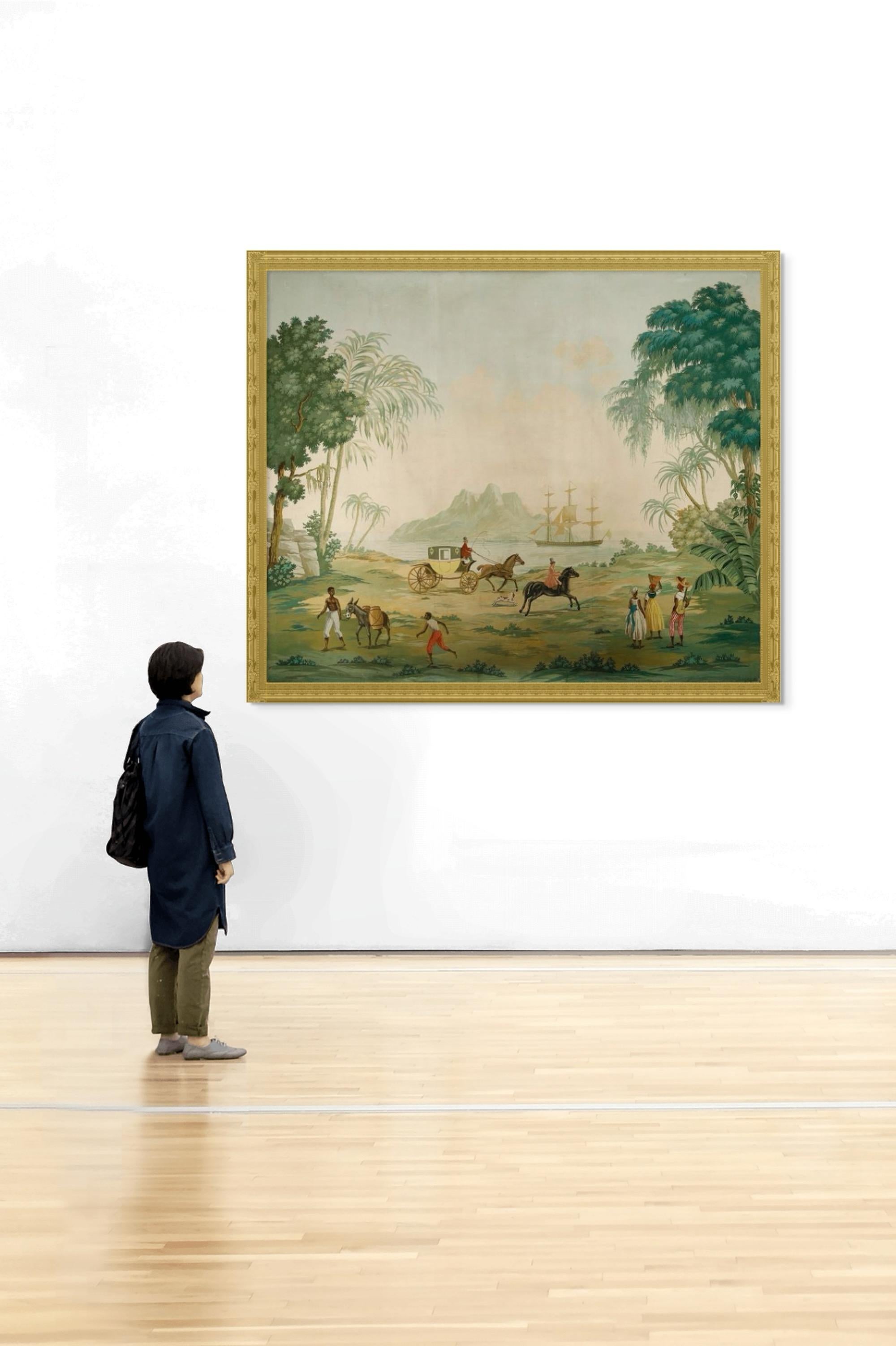 Très grand panneau de papier peint panoramique dans le style des suites de Zuber.

Dans la tradition des panoramas exotiques qui fascinaient l'Europe au début du XIXe siècle, cet ouvrage propose un voyage exotique : paysages luxuriants, scènes de la